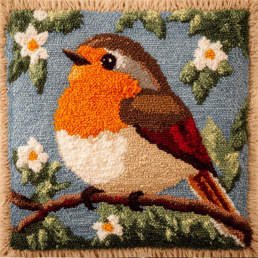 Rqwybcaxn Latch Hook Cushion Kit, Robin Knitting Kits Cushion, Rug Making Kit for Starters, Latch Hook Kit for Beginners Adults Or Children, Latch Hook Kit 43X43Cm/17X17 Inch