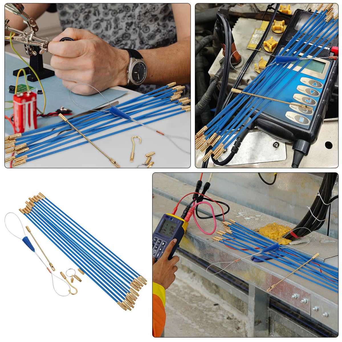 SOLUSTRE Glasfaser Kabelzieher Satz mit 12 Flexiblen 33cm Stäben zum Einziehen von Elektrokabeln für Professionelle und Private Wanddurchführung