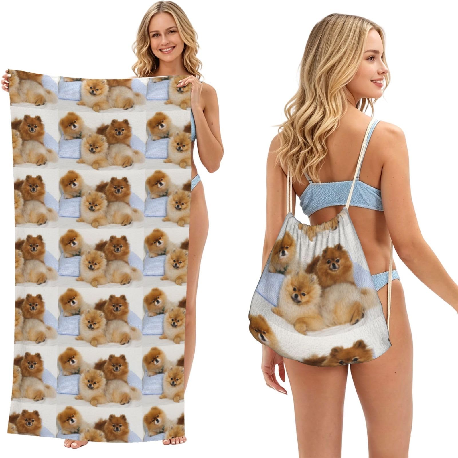 Poadnly As Picture Cute Pomeranian Printed, 2 In 1 Packable Towel Bag, Beach Towels With Drawstring Backpack For Travel Holiday Camping