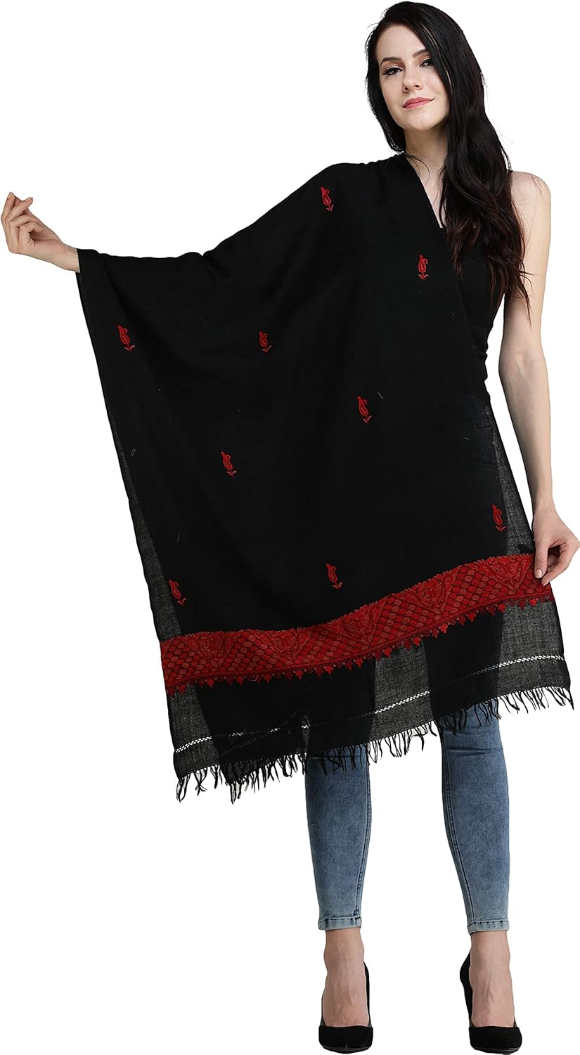 Exotic India Plain Stole from Kashmir with Aari Hand-Embroidered Paiselys on Border - Pure Wool