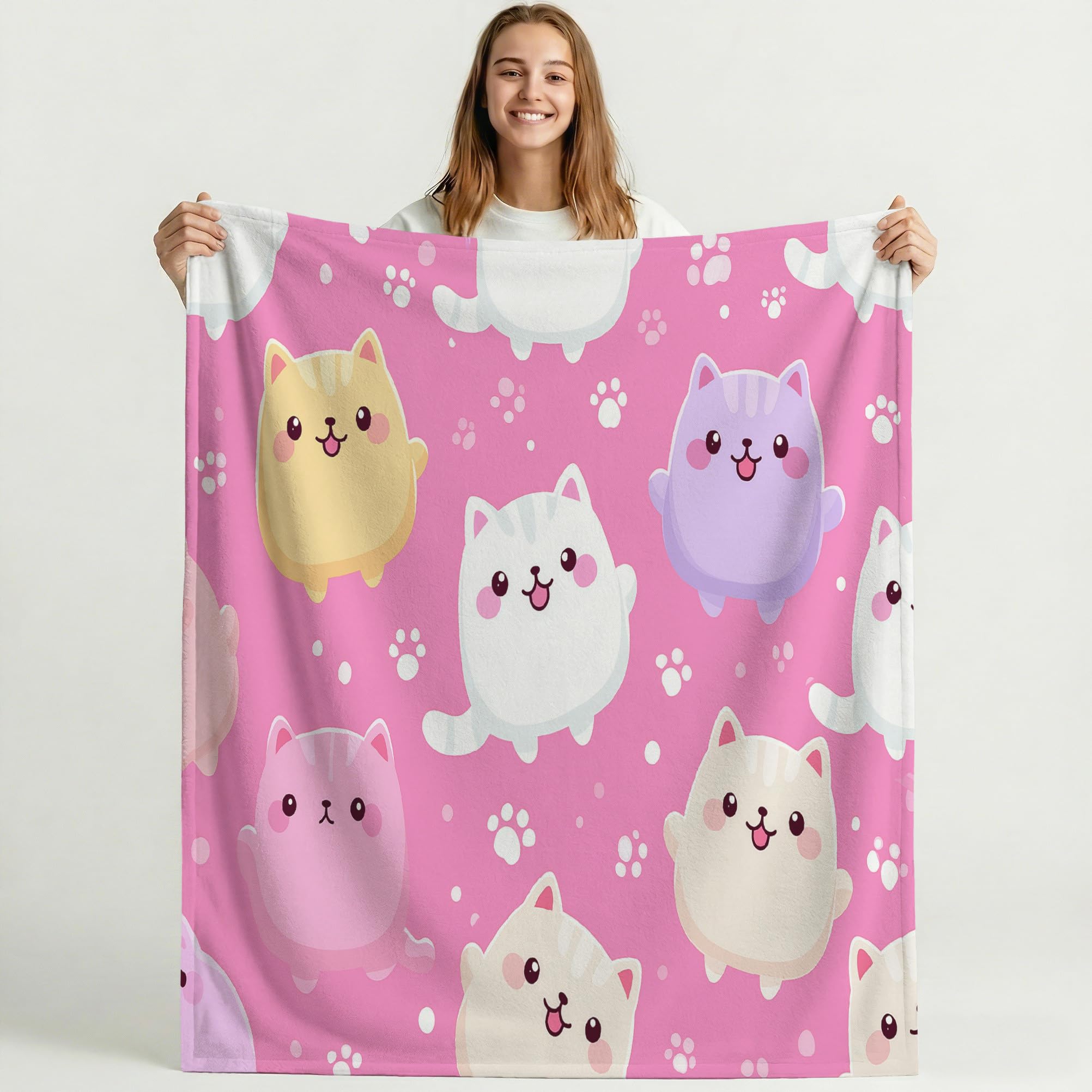 Genérico Oryginalne i zabawne prezenty - różowe brzoskwiniowe koce na walentynki Boże Narodzenie rocznica - Premium Microfiber krata koty śliczne łapy koc flanelowy 150 x 200 cm