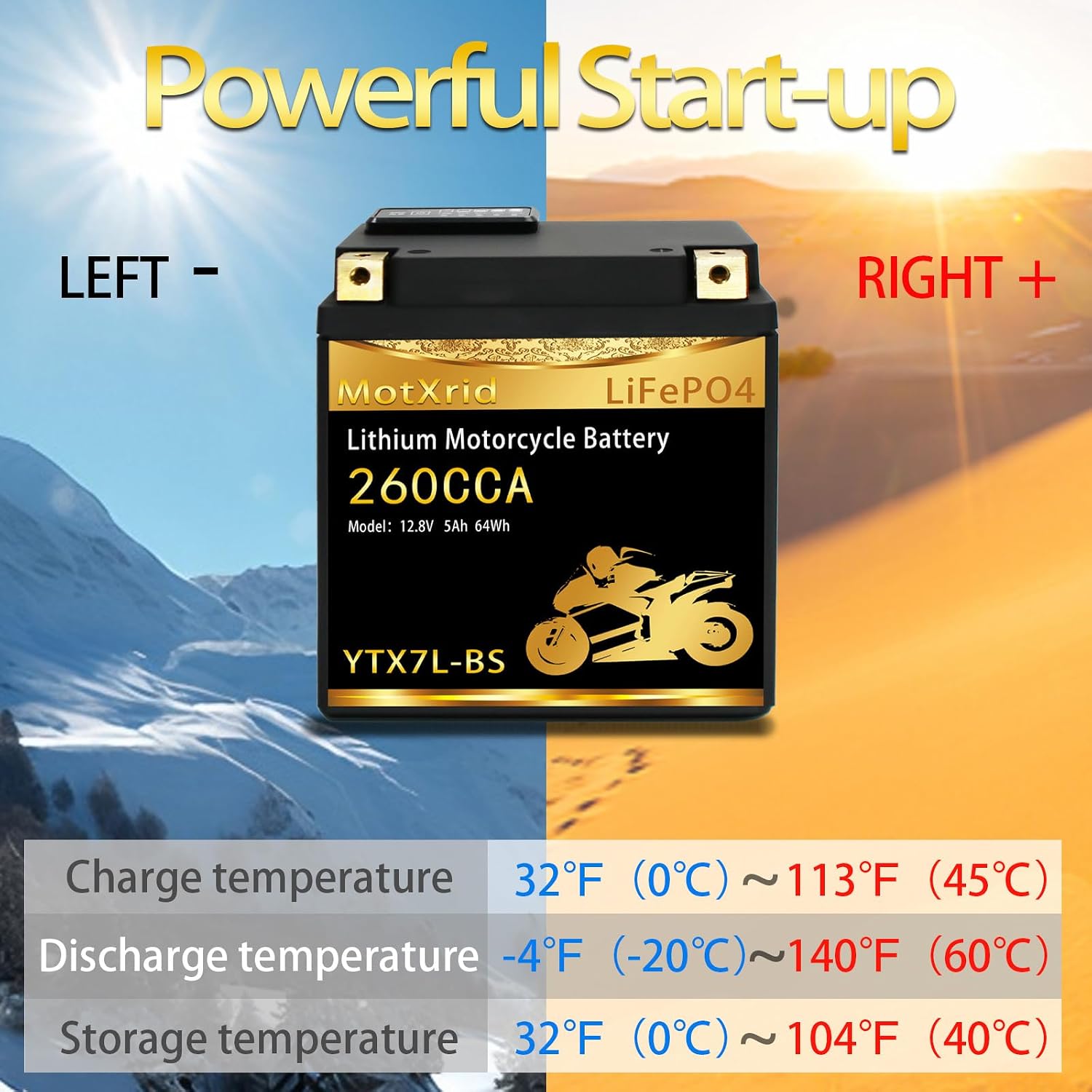 YTX7L-BS 260A Lithium LiFePO4 Motorcycle Battery, 12.8V 5AH, Fits for ATV,UTV,Jet Ski,PWC,Scooter,Lawn Mower,Tractor,Snowmobile,Smart BMS,Digital Readout,3X Cranking Amps,5X Life