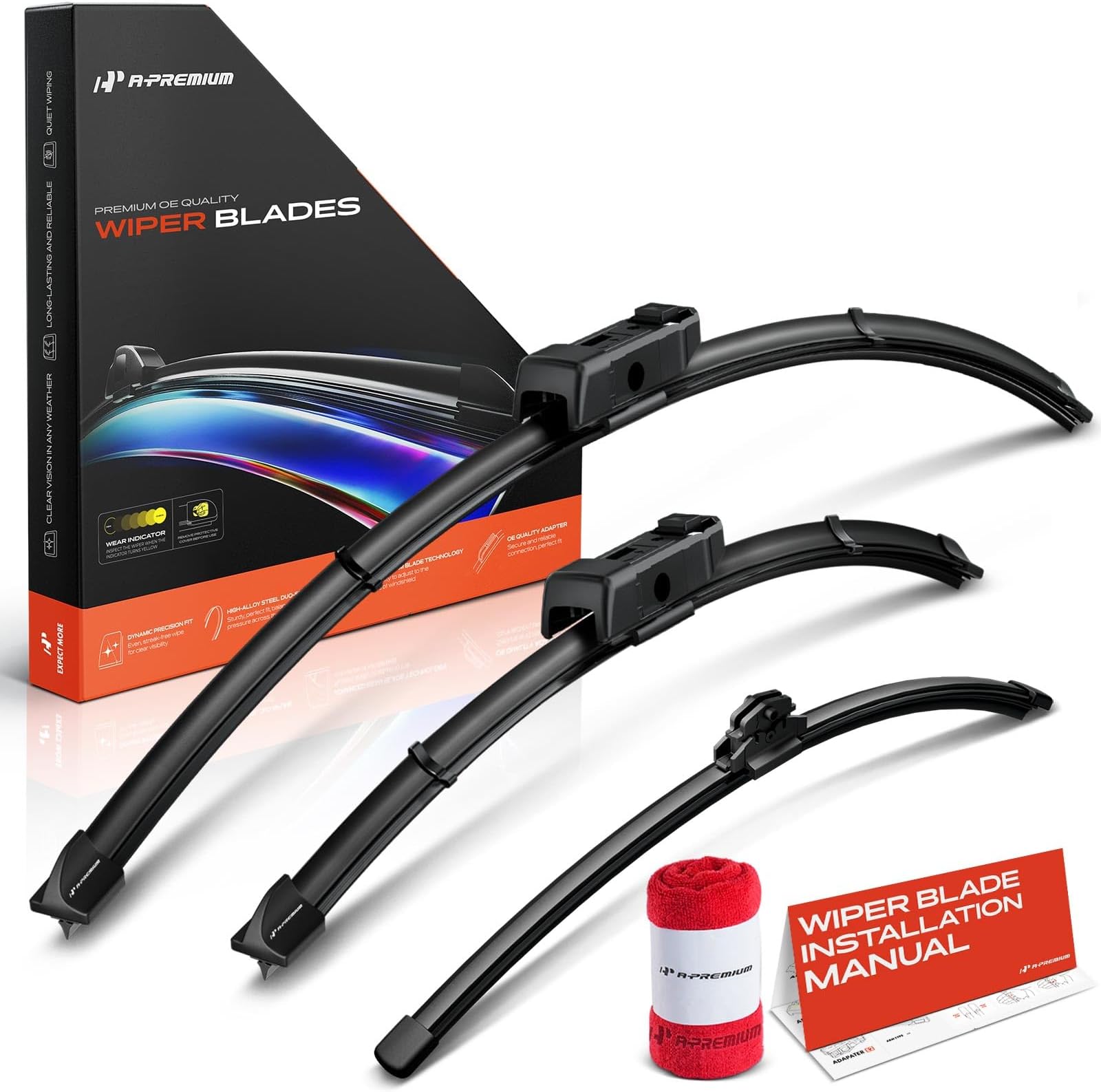 A-Premium 26"+18"+13" Windshield Wiper Blades Compatible with Audi A3 Sportback e-tron 2016 2017 2018 - Front Rear Wipers Blade for TLPN/FR_DA Arm Connector, with Wear Indicator & Towel (Pack of 3)