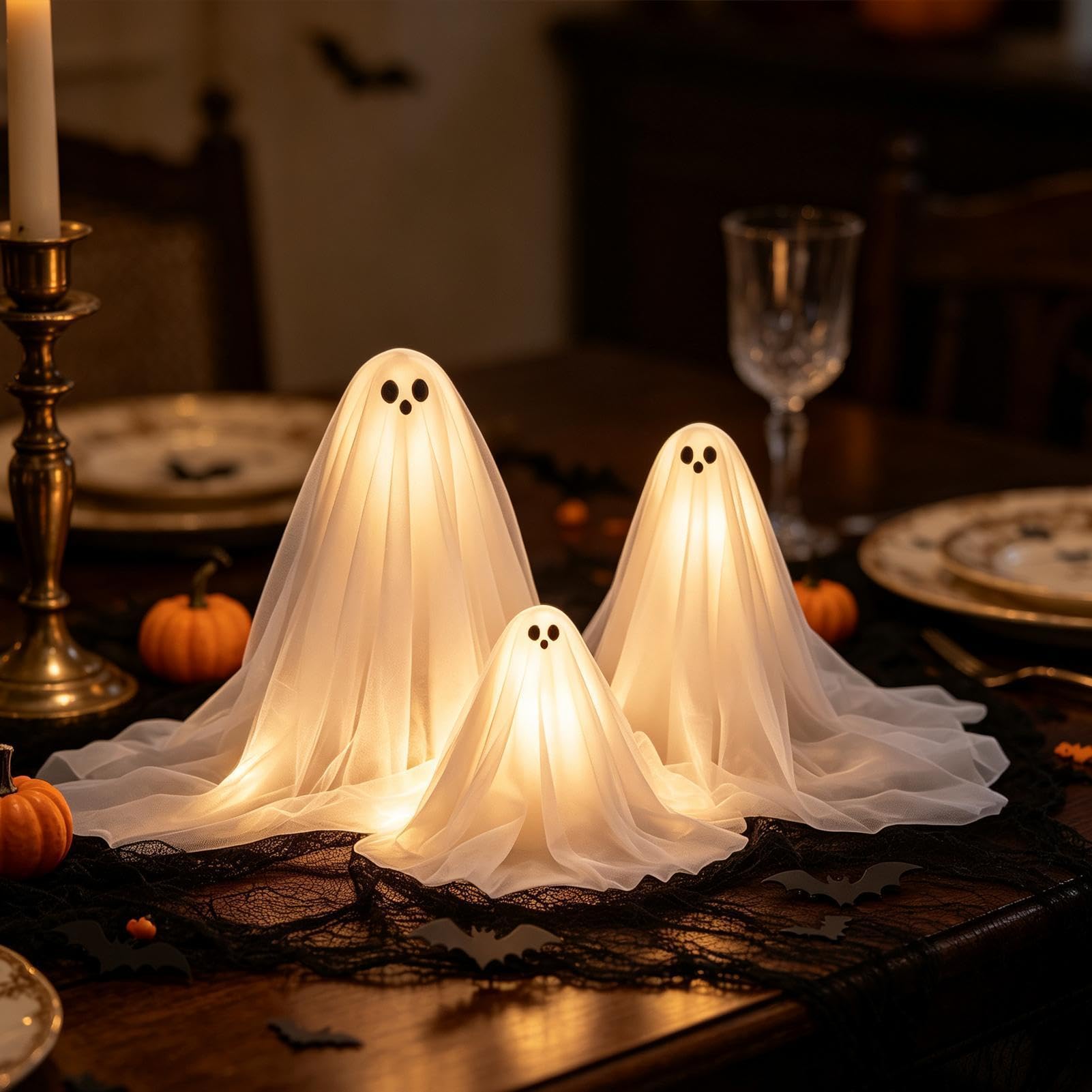 Halloween fantasma 3 pezzi illuminato Halloween Decor | Ghost, luce LED con base in legno, per feste, casa, ufficio, soggiorno, libreria, mensola