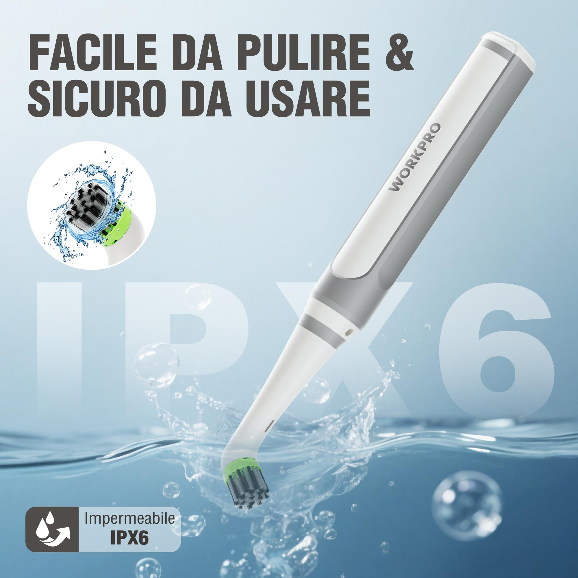WORKPRO Spazzola Elettrica per la Pulizia per la Casa, 5500RPM, Imppermeabile IPX6 con Cavo di Rica USB-C e Testine Intercambiabili per la Pulizia di Piastrelle,Lavandini e Fughe