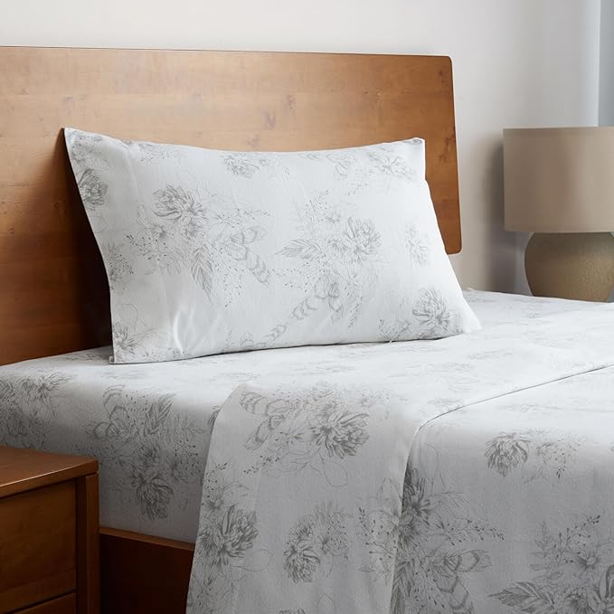 Mellanni Flannel Twin Cotton Sheets Set - Double Brushed Flannel Deep Pocket Fitted Sheet - Anti-Fade, Stain Resistant - Luxury Heavy Weight Twin Sheets - 3 Piece Set (Twin, Floral Feathers)