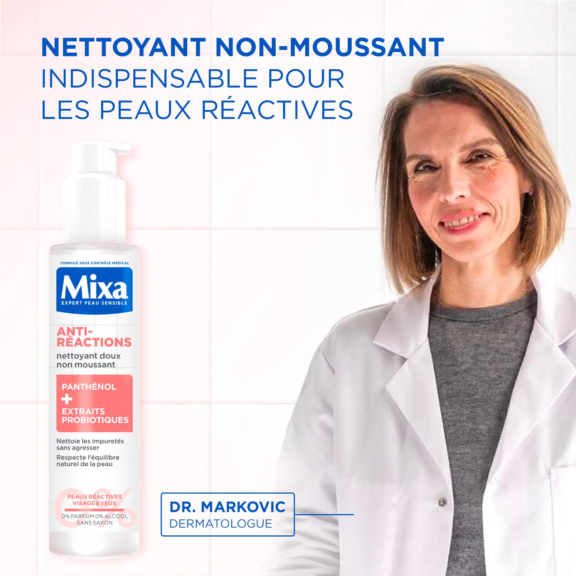 MIXA - Nettoyant Visage Anti-Réactions - Elimine les Impuretés Sans Agresser - Non Moussant, Sans Parfum, Sans Savon - Panthénol + Extraits Probiotiques - Tous Types de Peaux Réactives - 150 ml