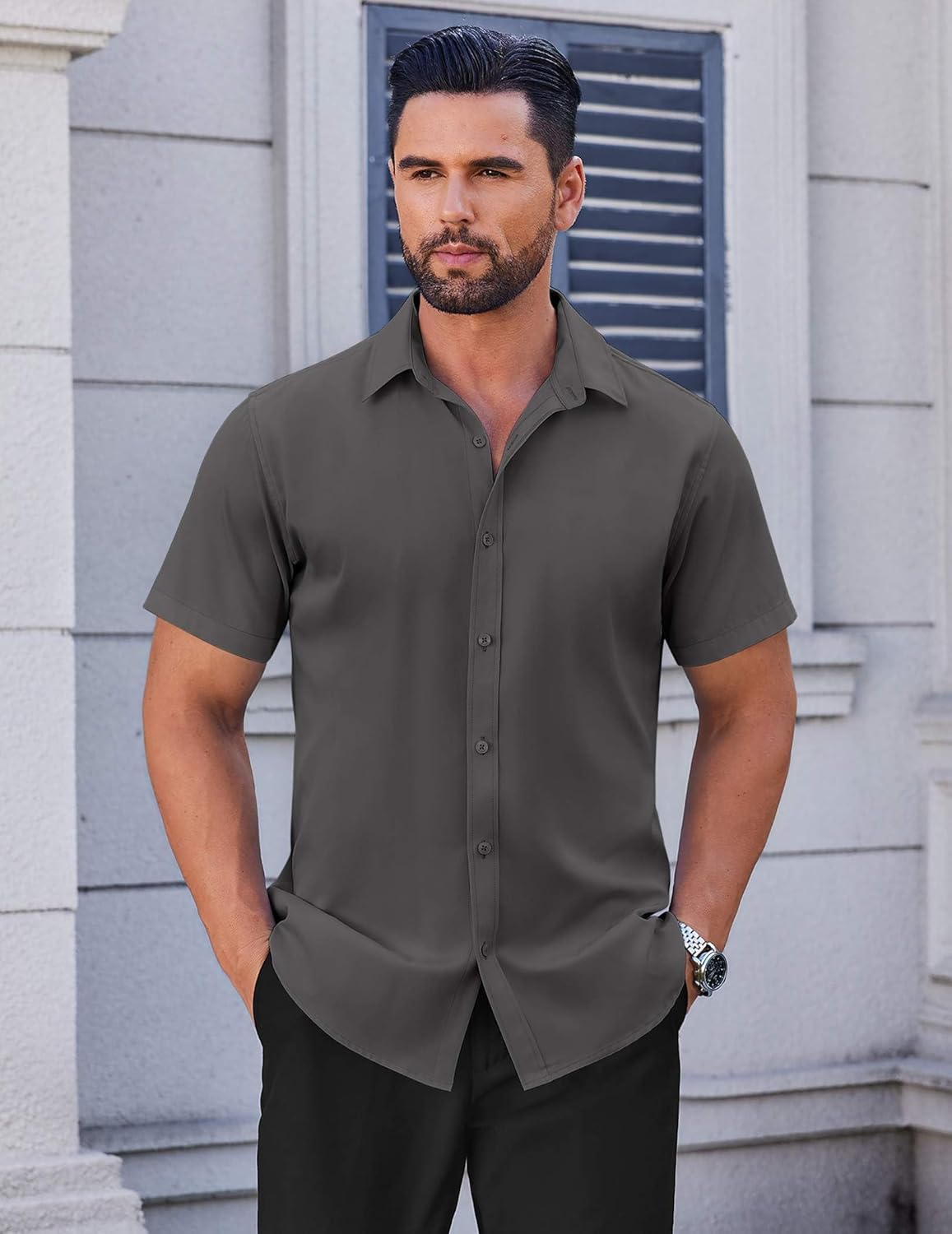 COOFANDY Men's Short Sleeve Dress Shirts Stretch Wrinke Free Untucked Casual Button Down Shirt - Image 2