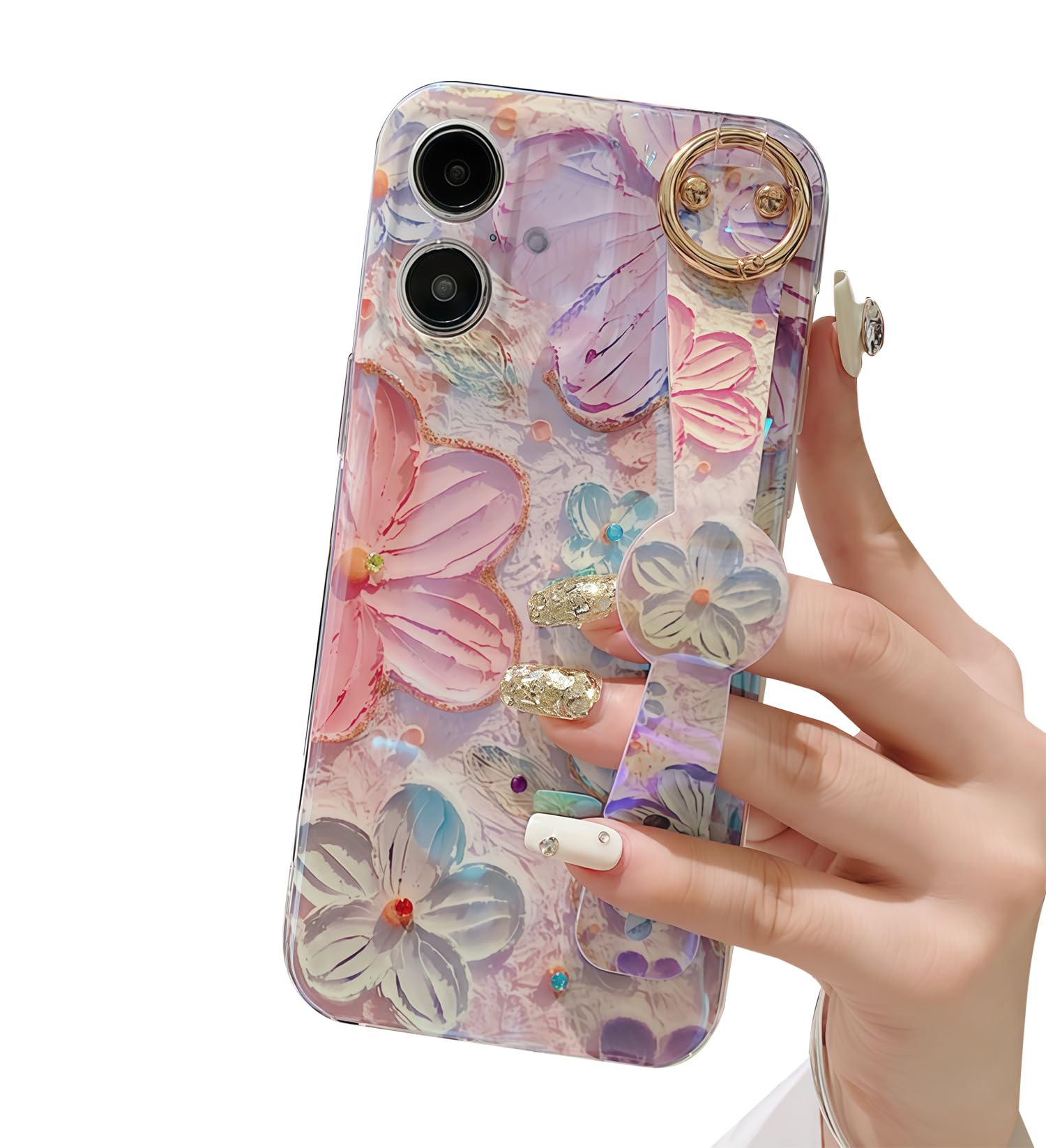 siduater Hand Strap Holder Case for 6.7" iPhone 16 Plus with Kickstand - Wrist Strap Band Soft Pattern Shockproof Cover, Adjustable Handle Grip Loop