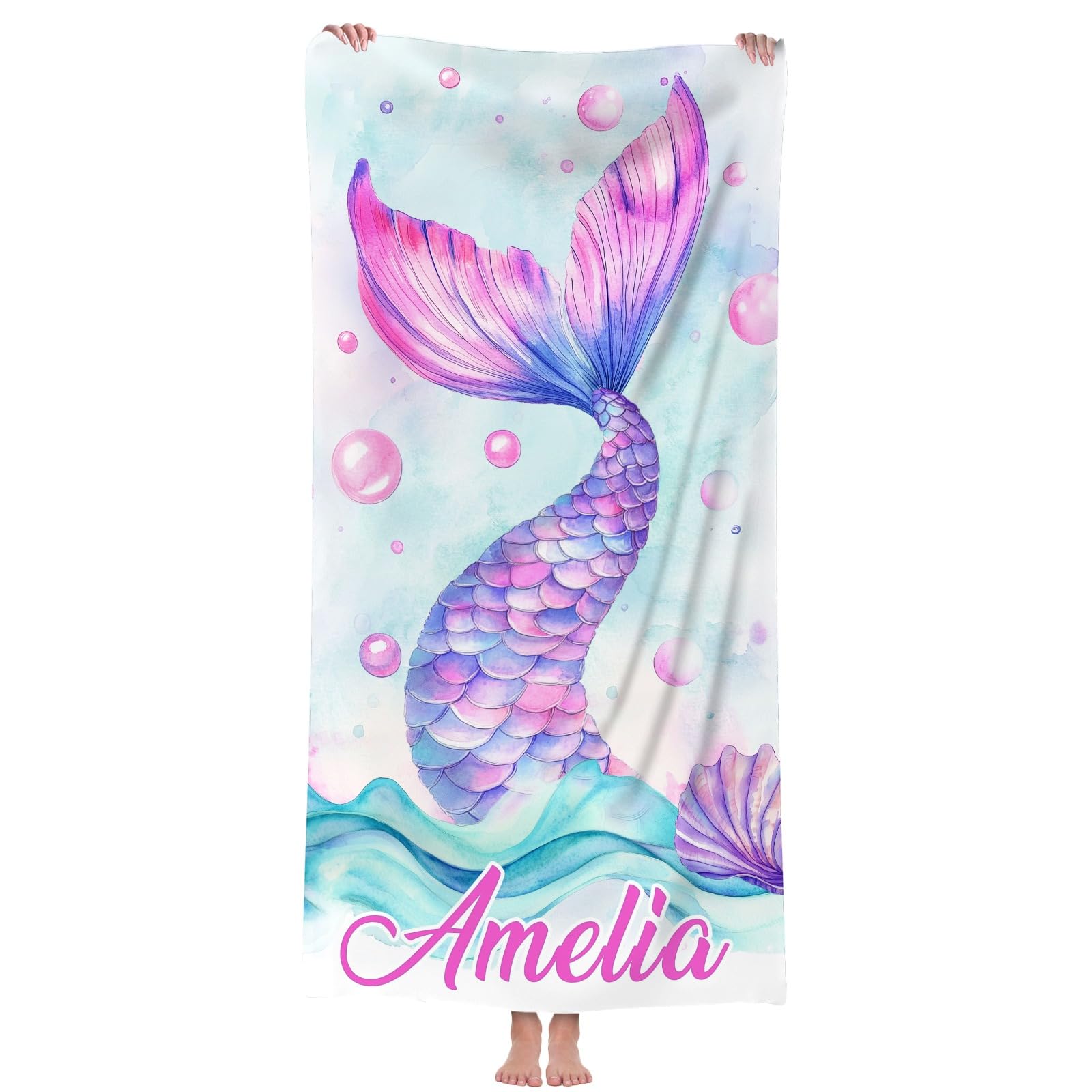 Jodimitty Personalised Beach Towel Custom Name Microfibre, Lightweight Quick Dry Bath Towel for Beach Pool Party, Gift for Family Friend, 60x120cm/76x152cm/90x180cm (Fish Tail 2)