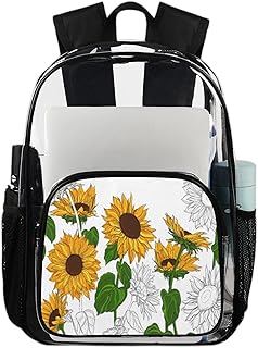Girassóis e folhas mochila transparente mochila resistente, girassol aquarela mochila transparente impermeável PVC mochila transparente com alça de ombro reforçada para escola, trabalho, viagens, Multicor