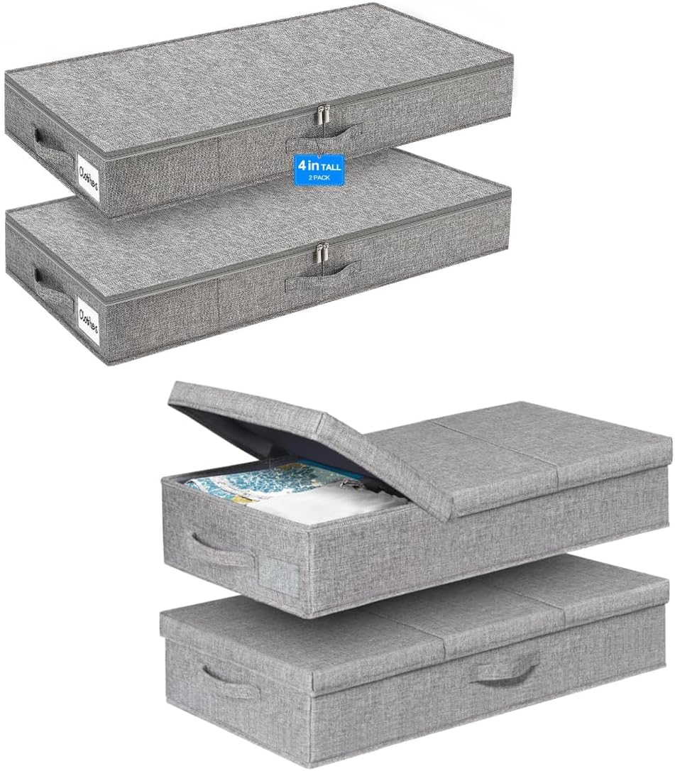 punemi Low Profile Under Bed Storage, 4 Inch Height Underbed Storage Containers With Sturdy Sidewalls & Bottom