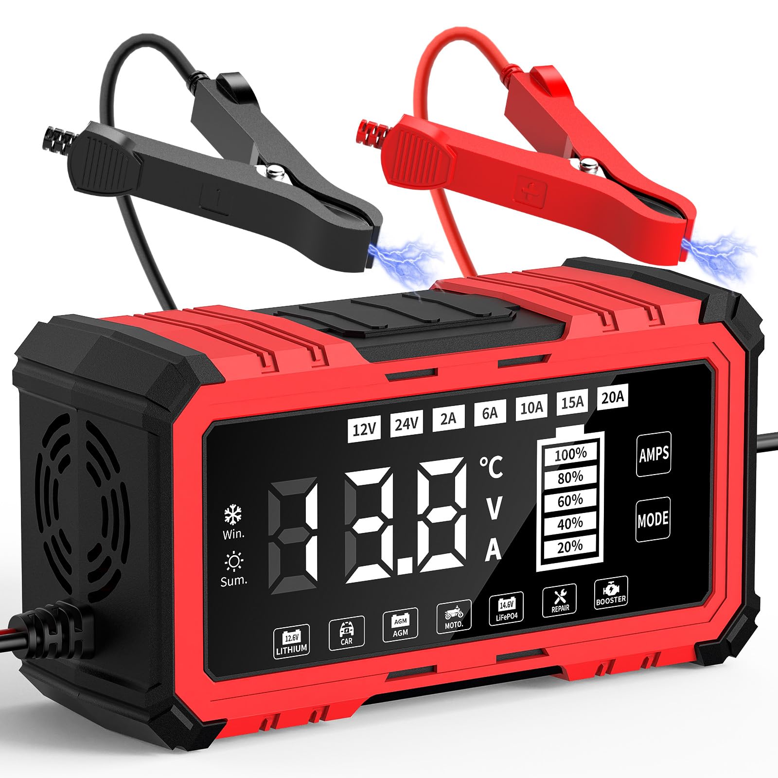 15 A Auto-Batterieladegerät,12 V/24 V,LiFePO4,tragbares Auto-Ladegerät,9 Kappen,intelligentes Akku-Ladegerät für Auto,LKW,Motorrad,Rasenmäher,12V 6A Autobatterie Ladegerät für Start-Stopp (Schwarz 15)