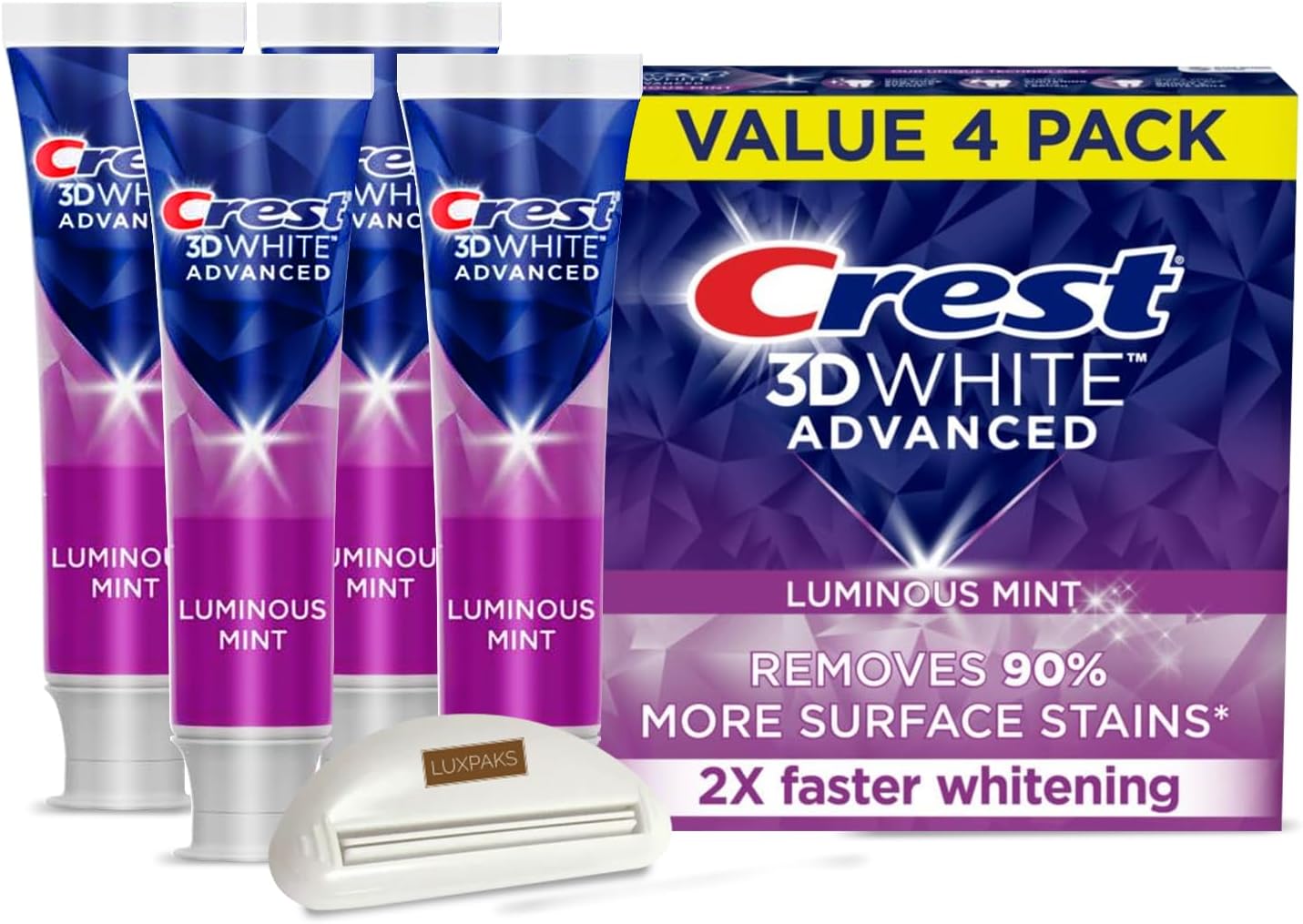 CRST 3DWhite Advanced Luminous Mint Teeth Whitening Toothpaste, 4 Pack of 3.7 oz - Whitens After 1 Brush Bundled with LUXPAKS Toothpaste Squeezer