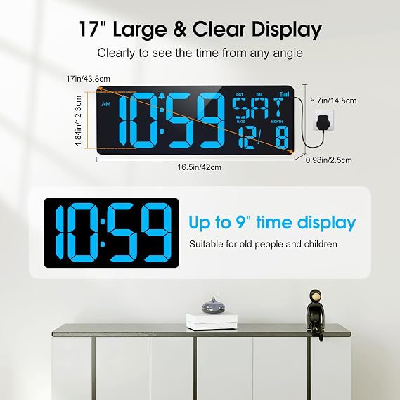 XREXS 17 Inch Digital Wall Clock, Bluetooth Auto-Sync Time, Plug-in
