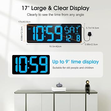 XREXS 17 Inch Digital Wall Clock, Bluetooth Auto-Sync Time, Plug-in