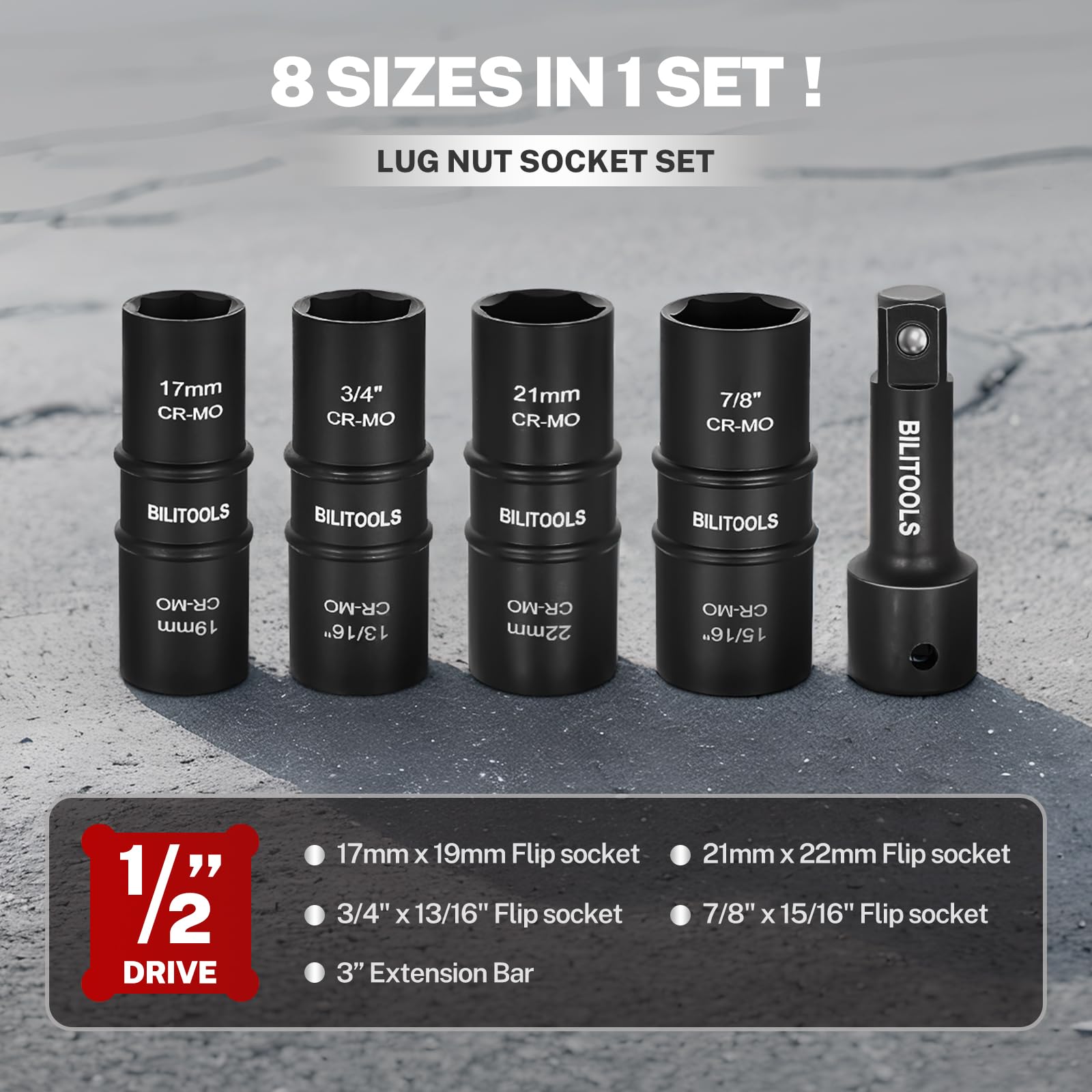 BILITOOLS Juego de llaves de impacto de tuerca de lengüeta, juego de llaves de vaso de 1/2 pulgada métricas 17-19 - 21-22 mm y SAE 3/4-13/16-7/8-15/16 pulgadas, protector de rueda de pared delgado
