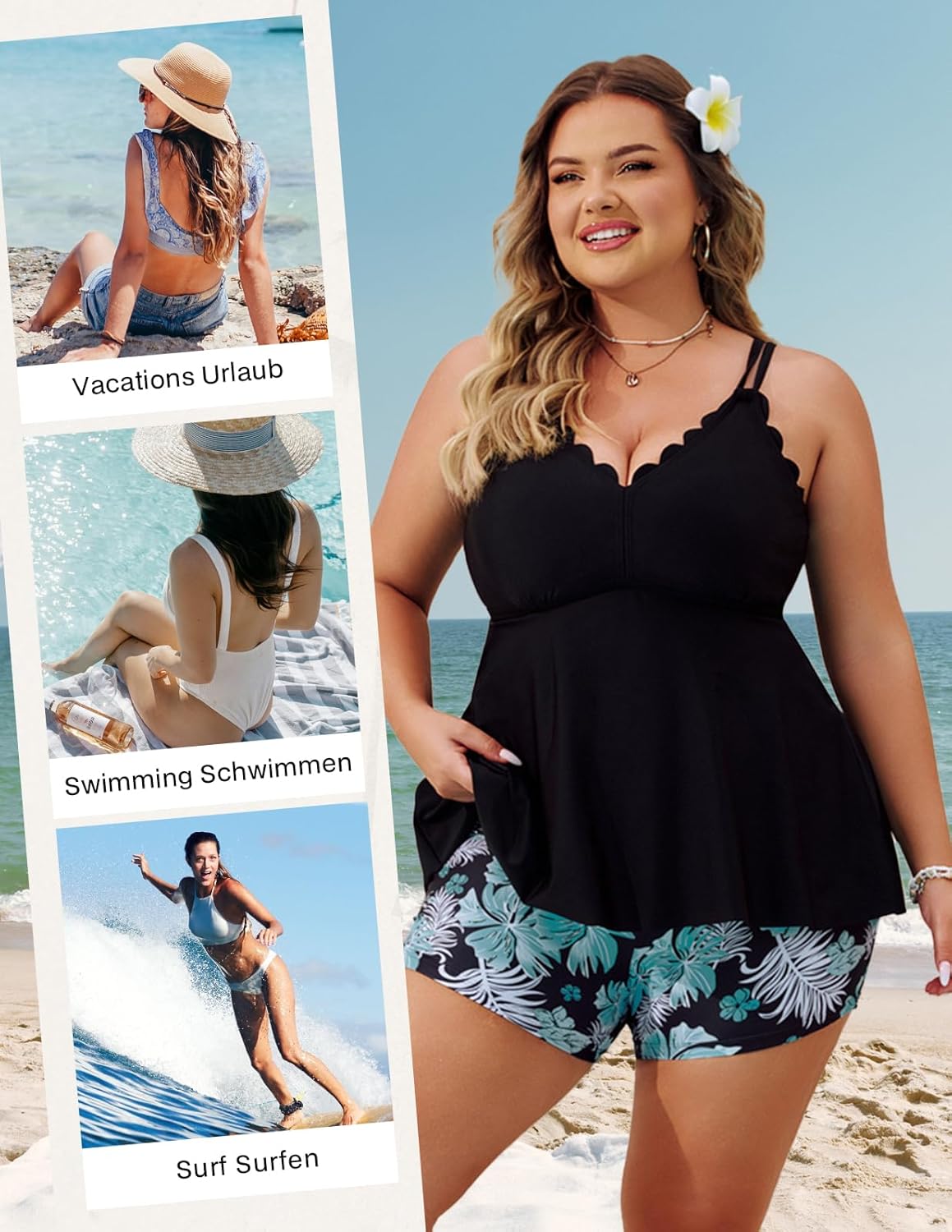 Hanna Nikole Tankini Swimsuits for Women Tummy Control Bathing Suits Scallop Trim V Neck Swim Suits with Shorts Plus Size - Image 4