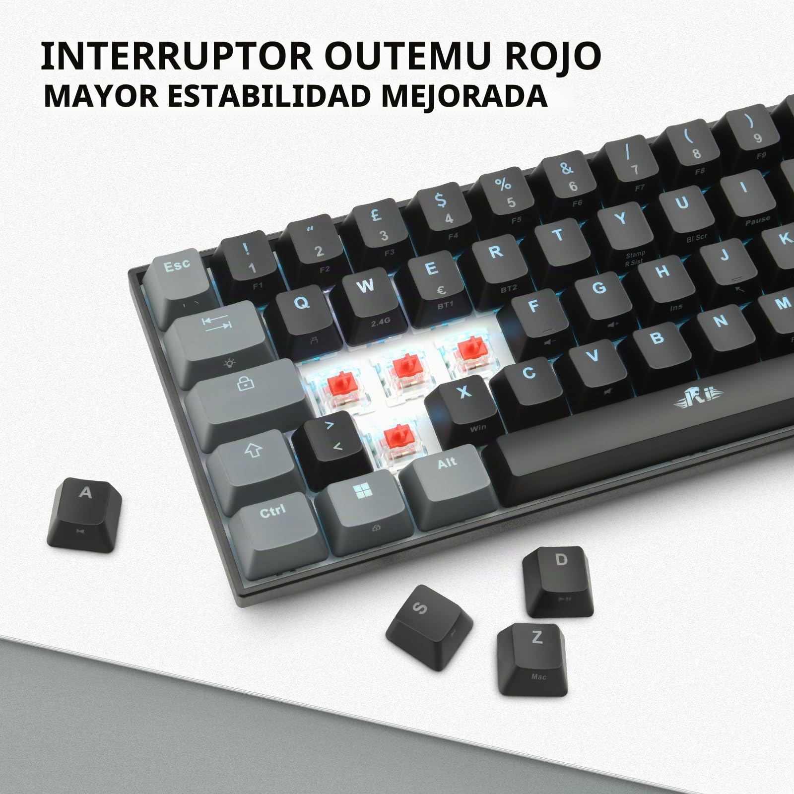Rii Gaming RK802 - Teclado mecánico silencioso, tamaño reducido al 60%, triple conexión (Wireless + Bluetooth + USB), batería recargable, retroiluminación RGB de 16 colores, anti-ghosting