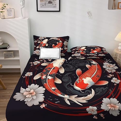 Vista 15 de Koi Fish Sábanas tamaño King – Sábanas japonesas de microfibra suave, bolsillo profundo, sábanas y fundas de almohada estampadas sin arrugas, 4
