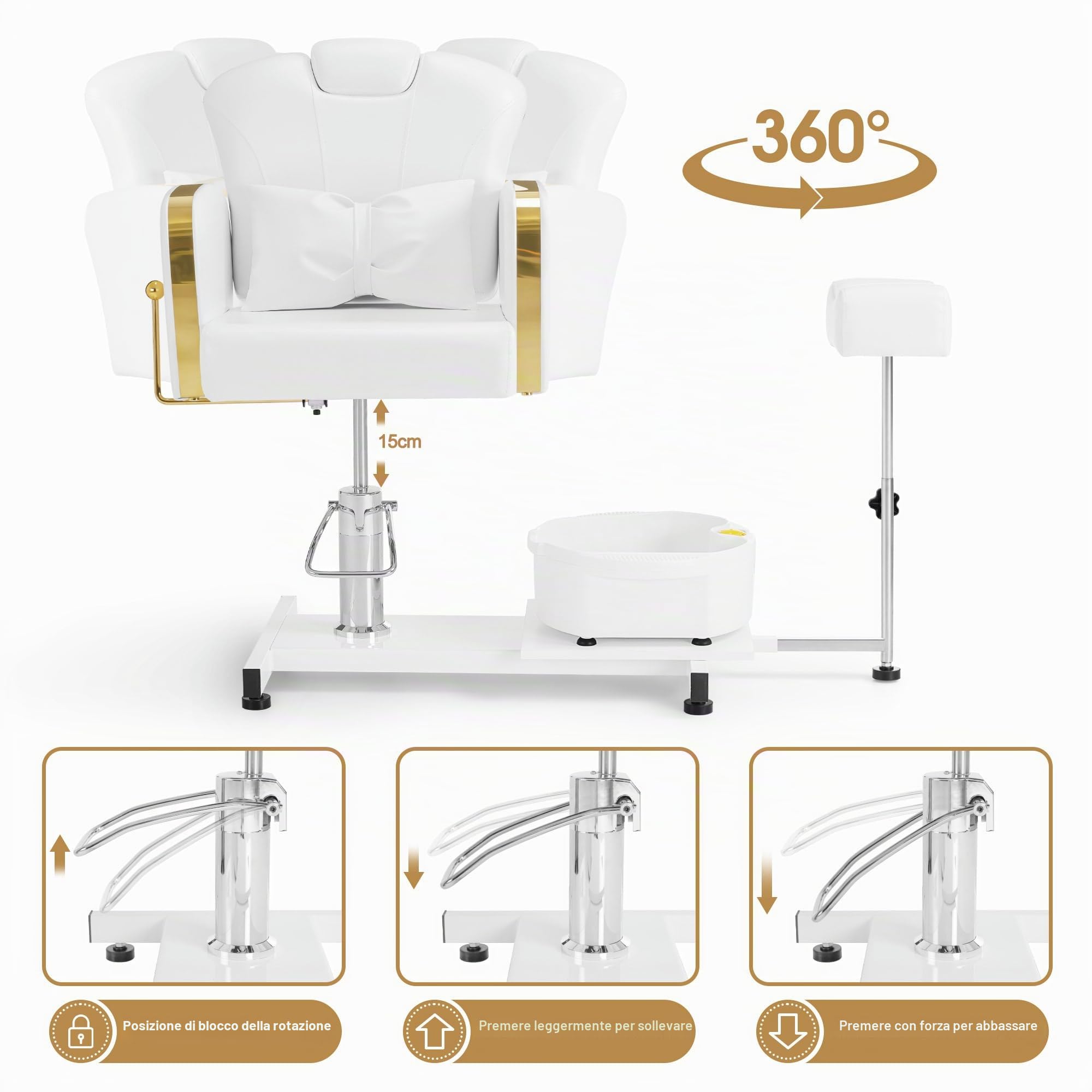 Barberpub Sedia da pedicure con vasca e sgabello, sedia da parrucchiere regolabile e inclinabile, per salone unghie retro F0371 (Oro-Bianco)
