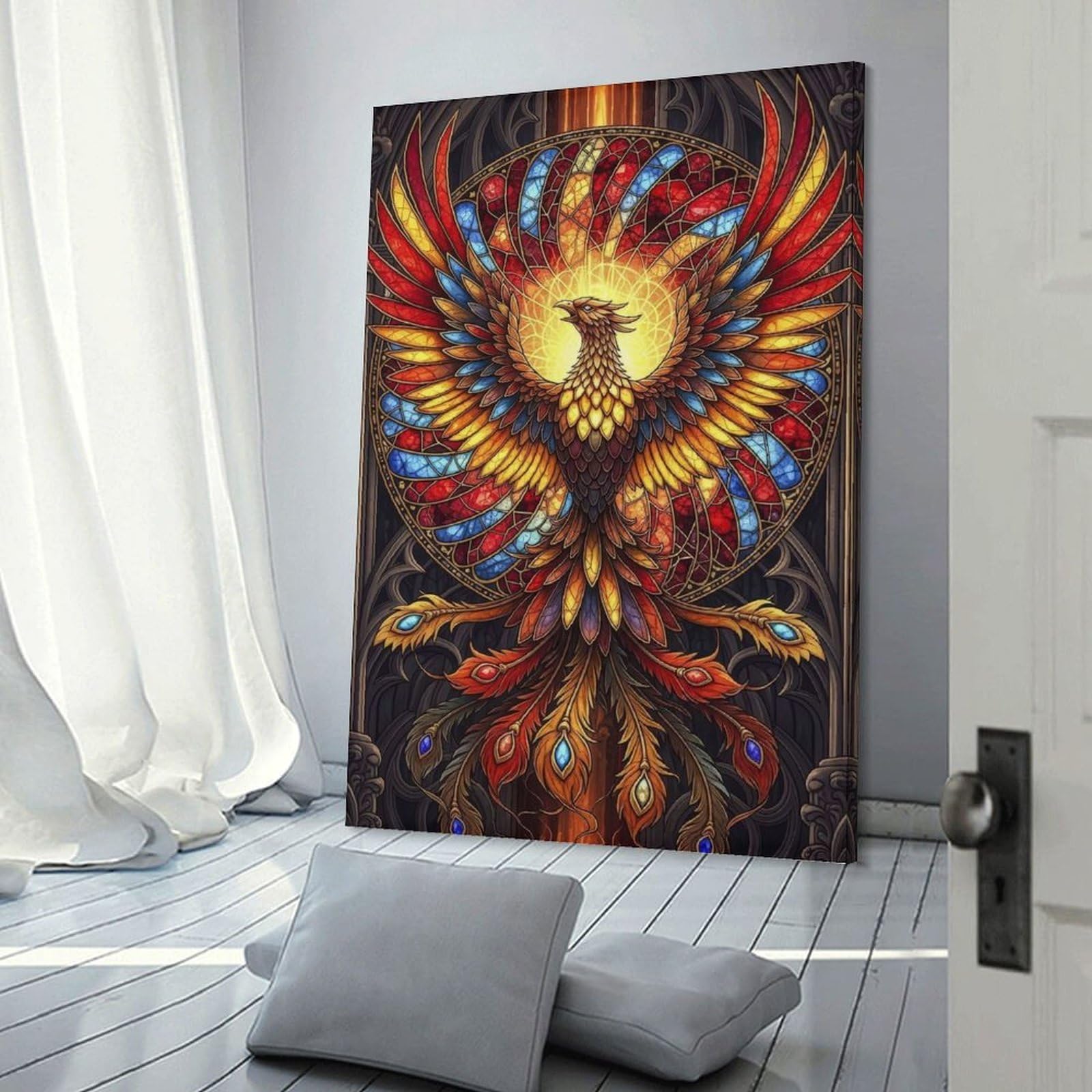 Junmoney Stained Glass Phoenix Wall Picture Print, 20x30inch(50x75cm), for Wall Displays, Bedrooms Or Room Updates, Decorative Artwork with Flexible Styling