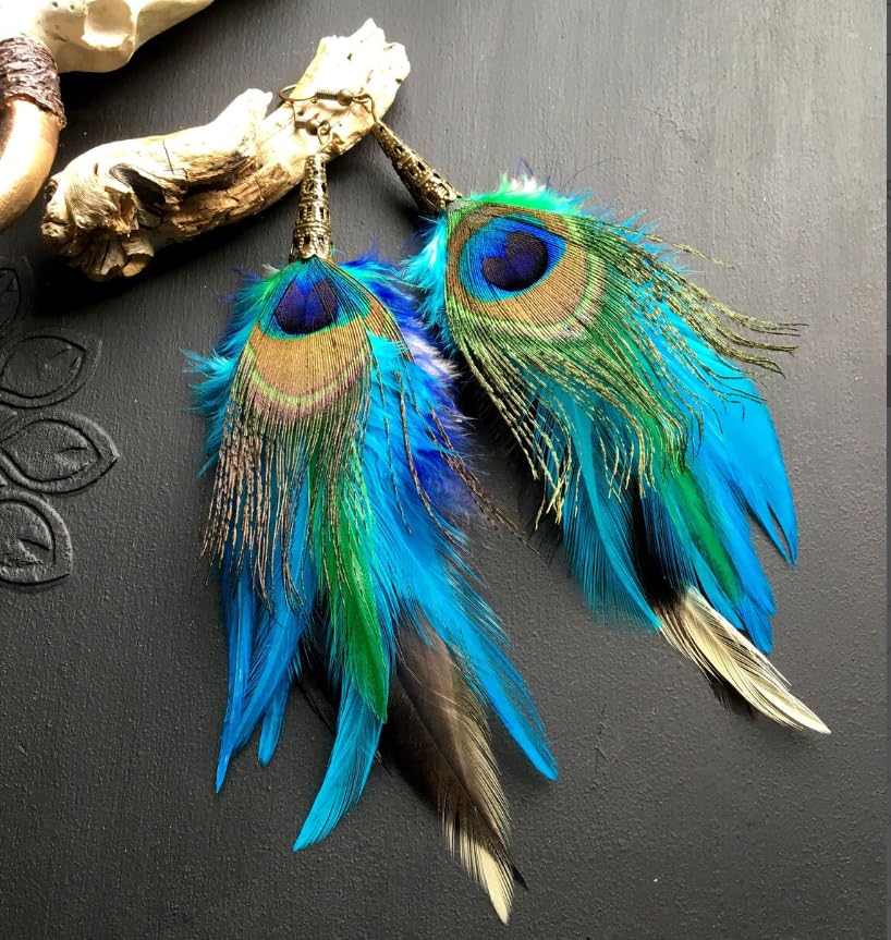 Bohemian Pheasant Peacock Long Feathers Statement Earrings Handmade Natural Lightweight Feather Dangle Earrings for Women (ea000071)2
