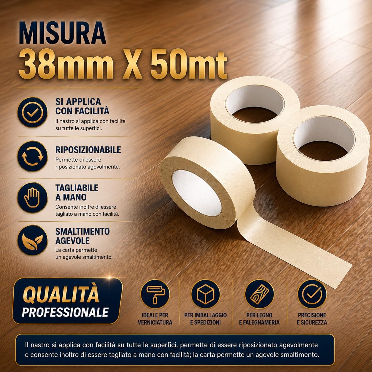 TANIASHOP Nastro Adesivo Carta Gommata 48 Rotoli 38mm X 50mt per Mascheratura imbianchino Carta Professionale Riciclabile Resistente Preciso e Versatile Nastro per Carrozziere e Lavori di Pittura