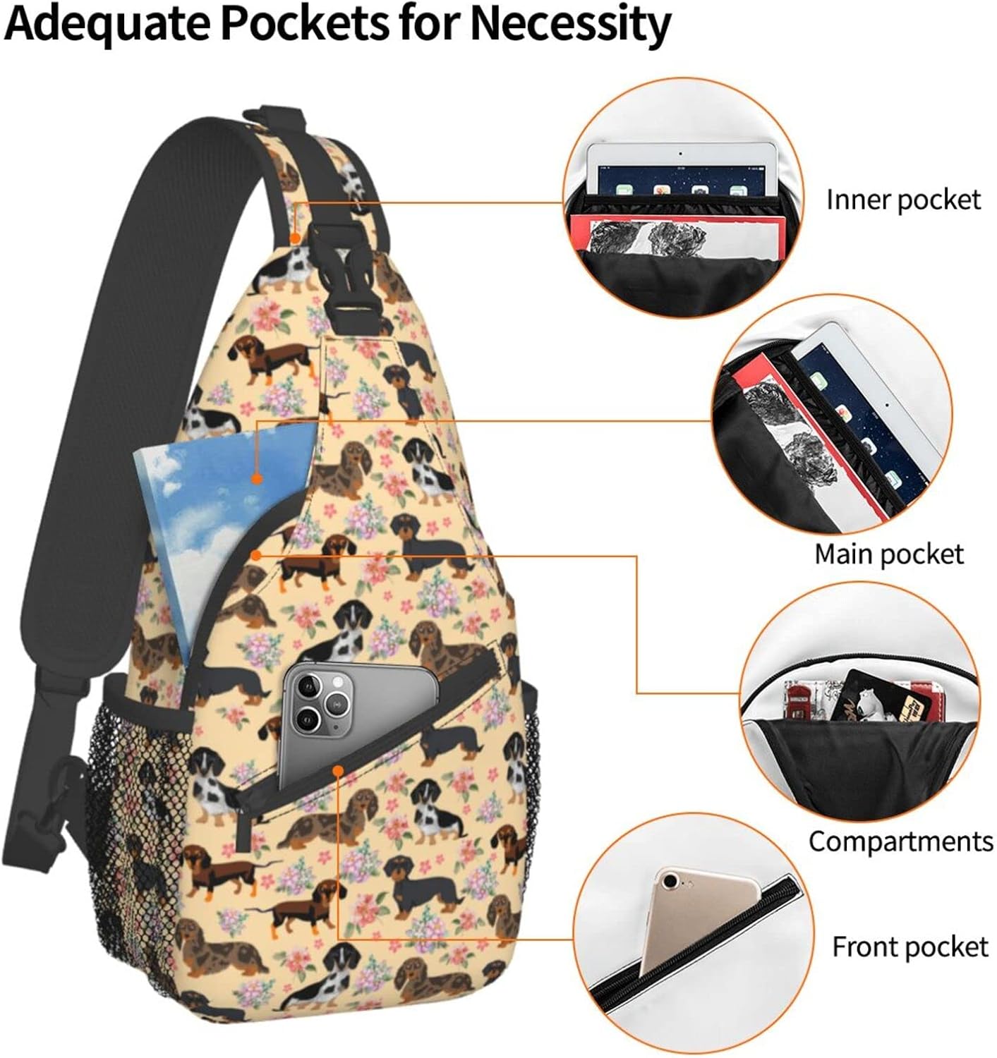 Dachshund Sausage Dogs Sling Daypacks Crossbody Backpack Chest Bag Lightweight Shoulder Bag Travel Hiking Cycling For Men Women - Image 4