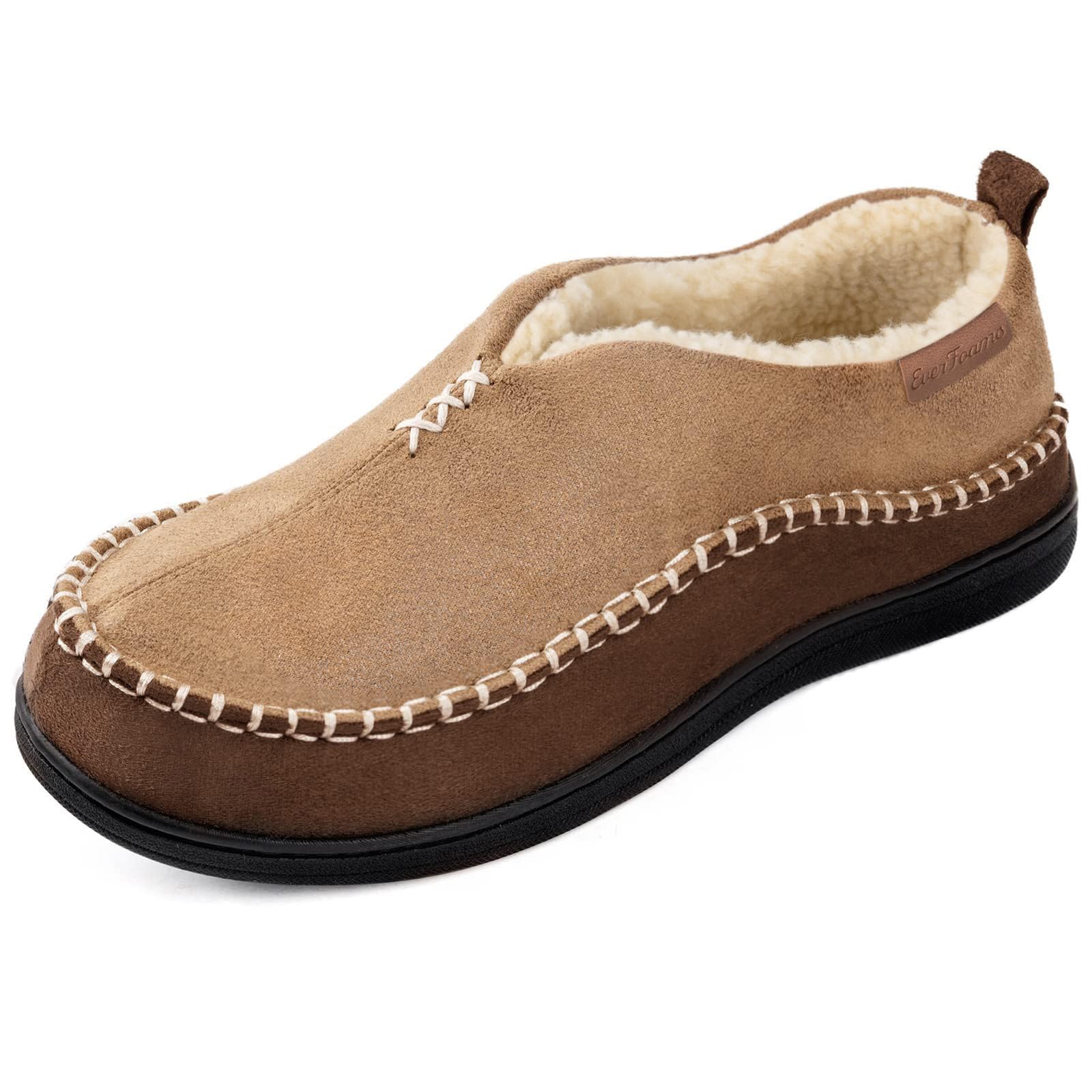 EverFoams Men's Suede Memory Foam Moccasin Slippers with Fuzzy Sherpa Lining