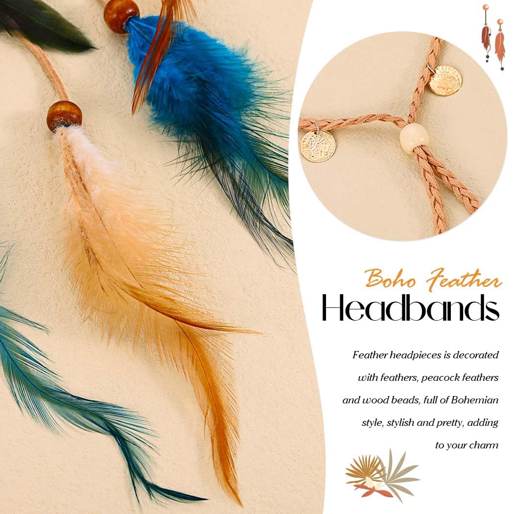 Fashband Indian Feather Headband Boho Coins Tassel Hippie Headdress Tribal Beads Festival Headpiece Hair Accessoriess for Women (B - Image 4