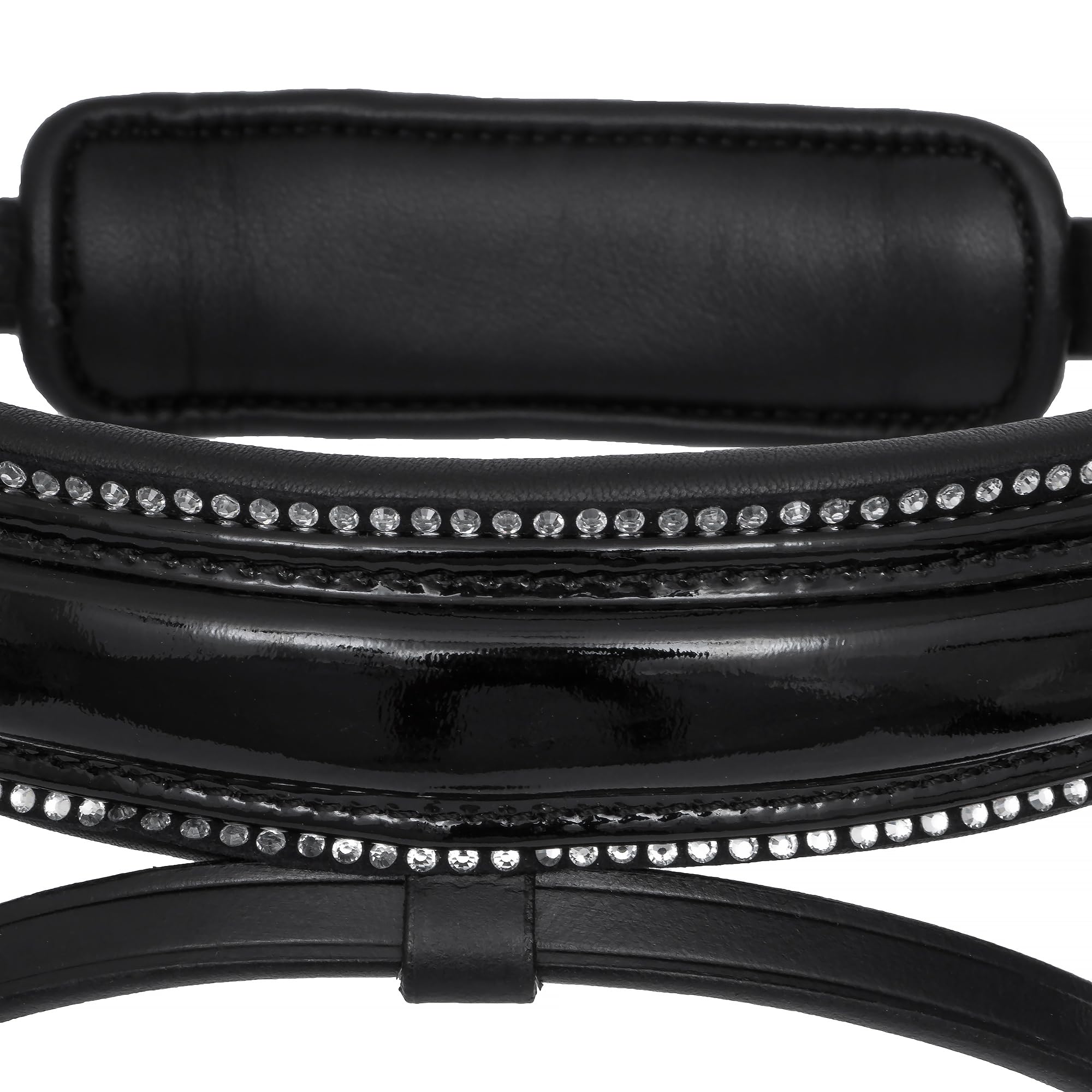 EQUESTRIAN QUEEN Trensenzaum anatomisch – Lackleder Strass Reitzaum mit weich gepolstertem Nasenriemen – Leder Zaumzeug für Warmblut – Elegantes Design - Orion (Schwarz, Cob (Vollblut))