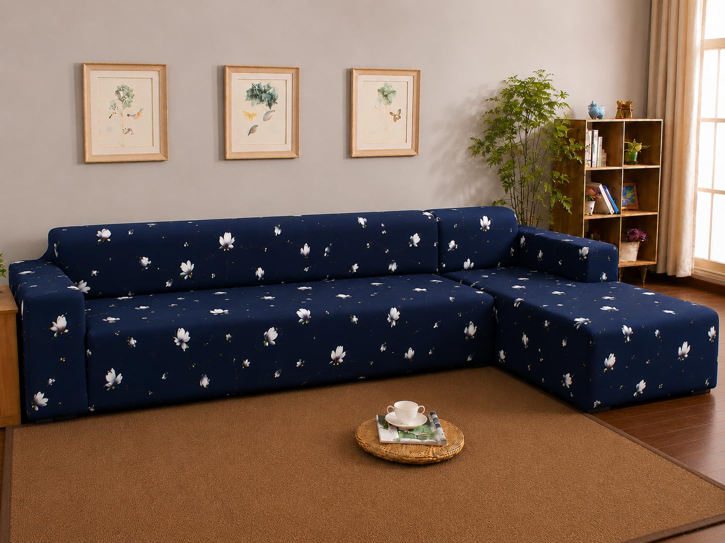 Gifts Island 160GSM Navy Floral Sofa Cover L Shape 5 Seater Fully Covered | Stretchable 3+2 Seater Sectional Sofa Cover | Suitable for Both Left and Right Side Chaise Sofa Cover-image-33