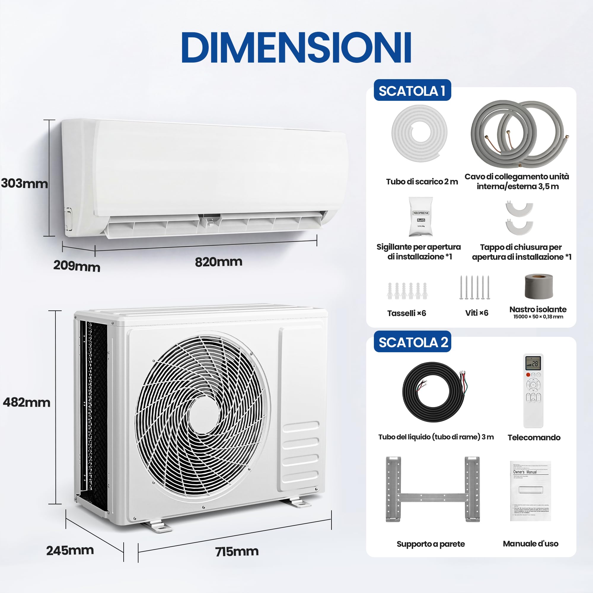 TRIUMPHKEY climatizzatore Split 12000 BTU / 3,4 kW con 2 Tubi in Rame da 3 m, Climatizzatore Inverter con Riscaldamento, Classe A++, fino a 45 m², R32, Telecomando e Kit di Montaggio
