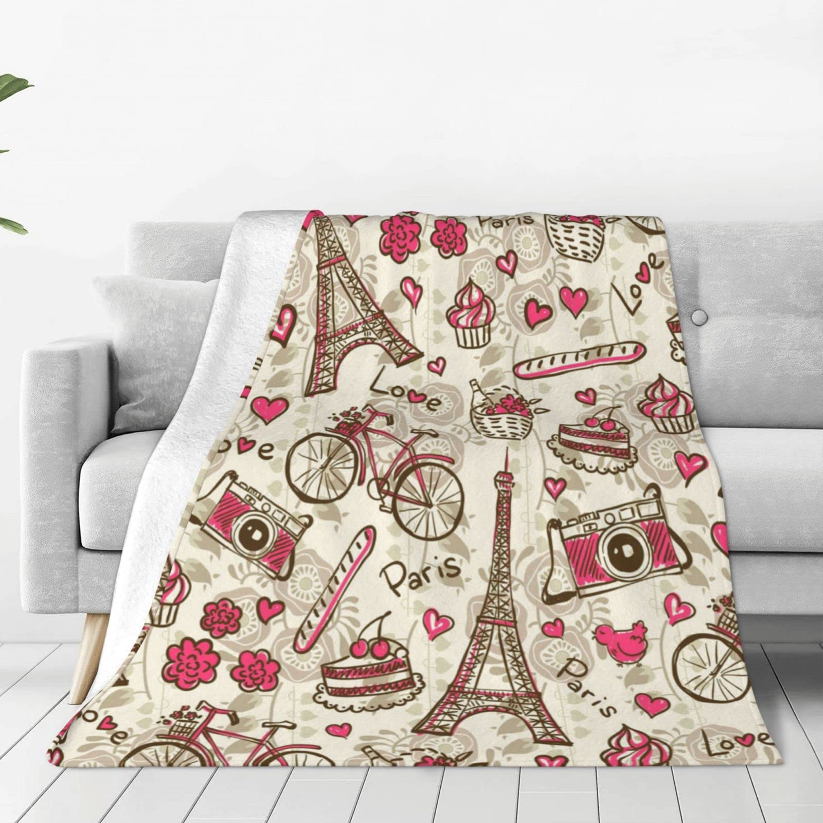 Lsjuee Throw Blanket Paris Eiffel Tower Love Warm Cozy Soft Lightweight Flannel Fleece Blanket for Bedroom Sofa Room Home Decorative Fuzzy Blanket 60"x50"