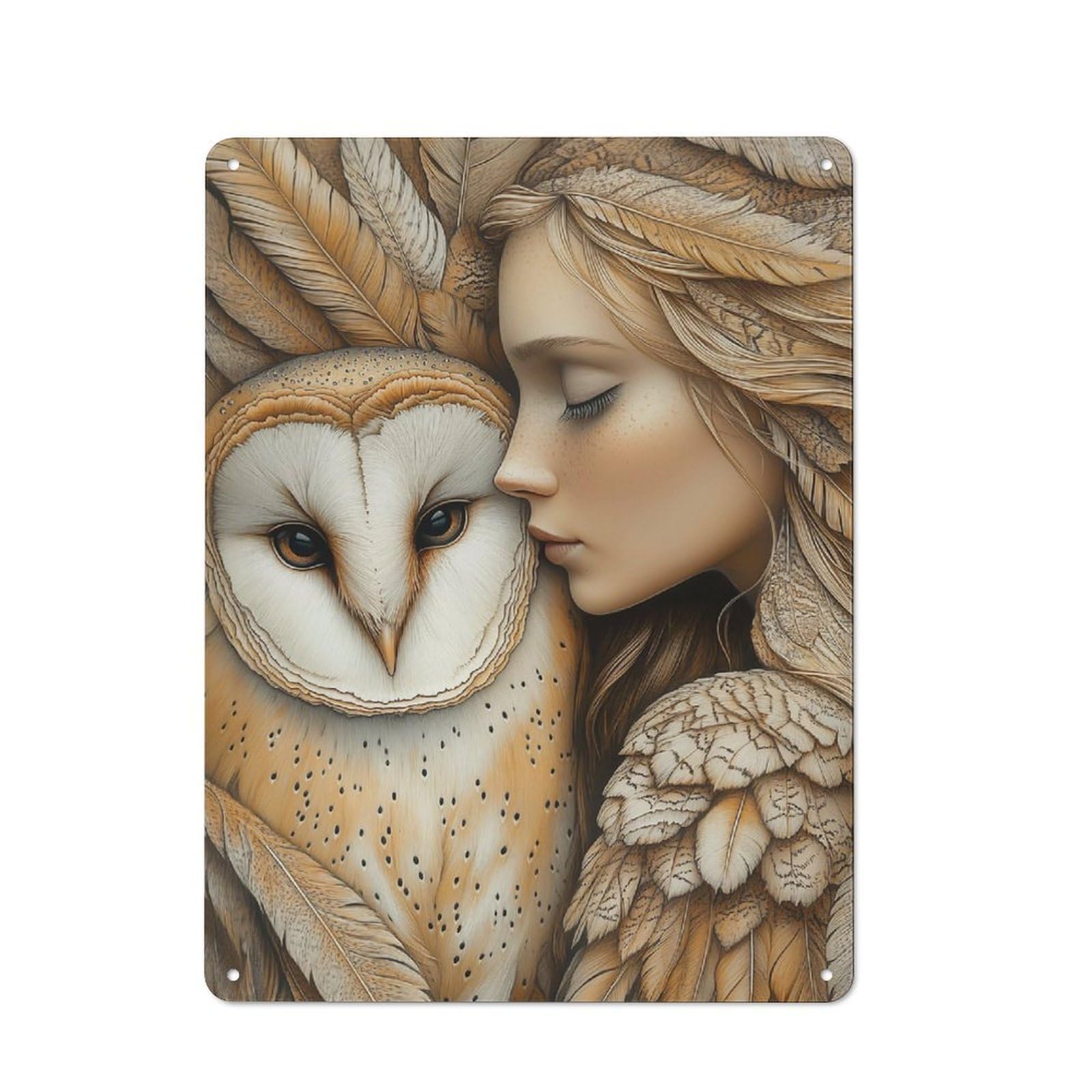Junmoney Style-12 Woman And Owl In Feathers Tin Sign 40X30cm, Garage Style Workshop Wall Decor For Garage, Workshop, Shed Or Utility Room