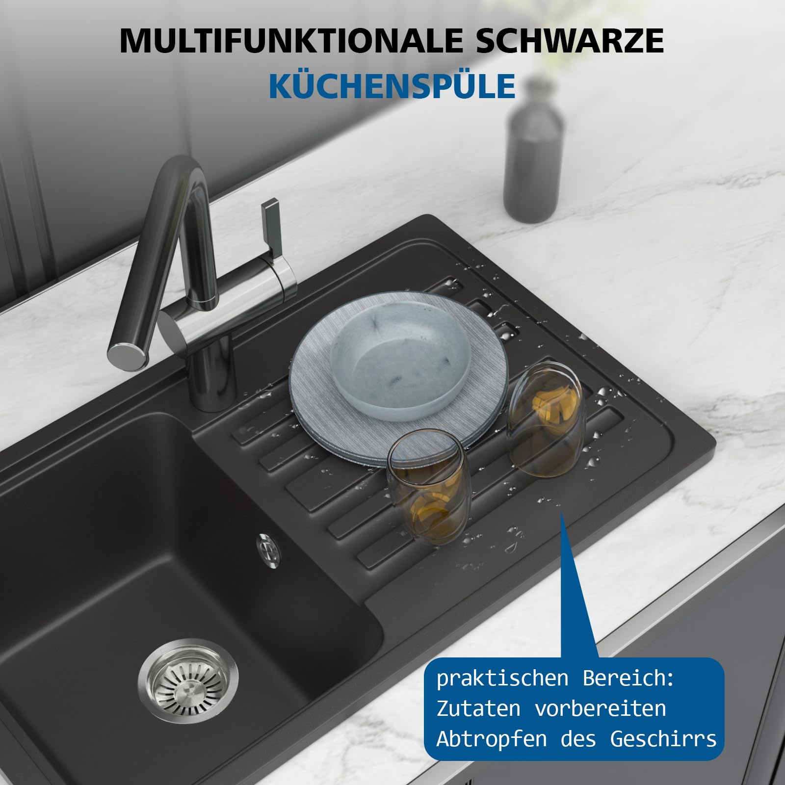 Schwarze Granit-Küchenspüle 76x46 cm | Umkehrbare Küchenspüle mit Überlauf, großes Einbauspülbecken für 50cm-Unterschränke, hitzebeständig & pflegeleicht