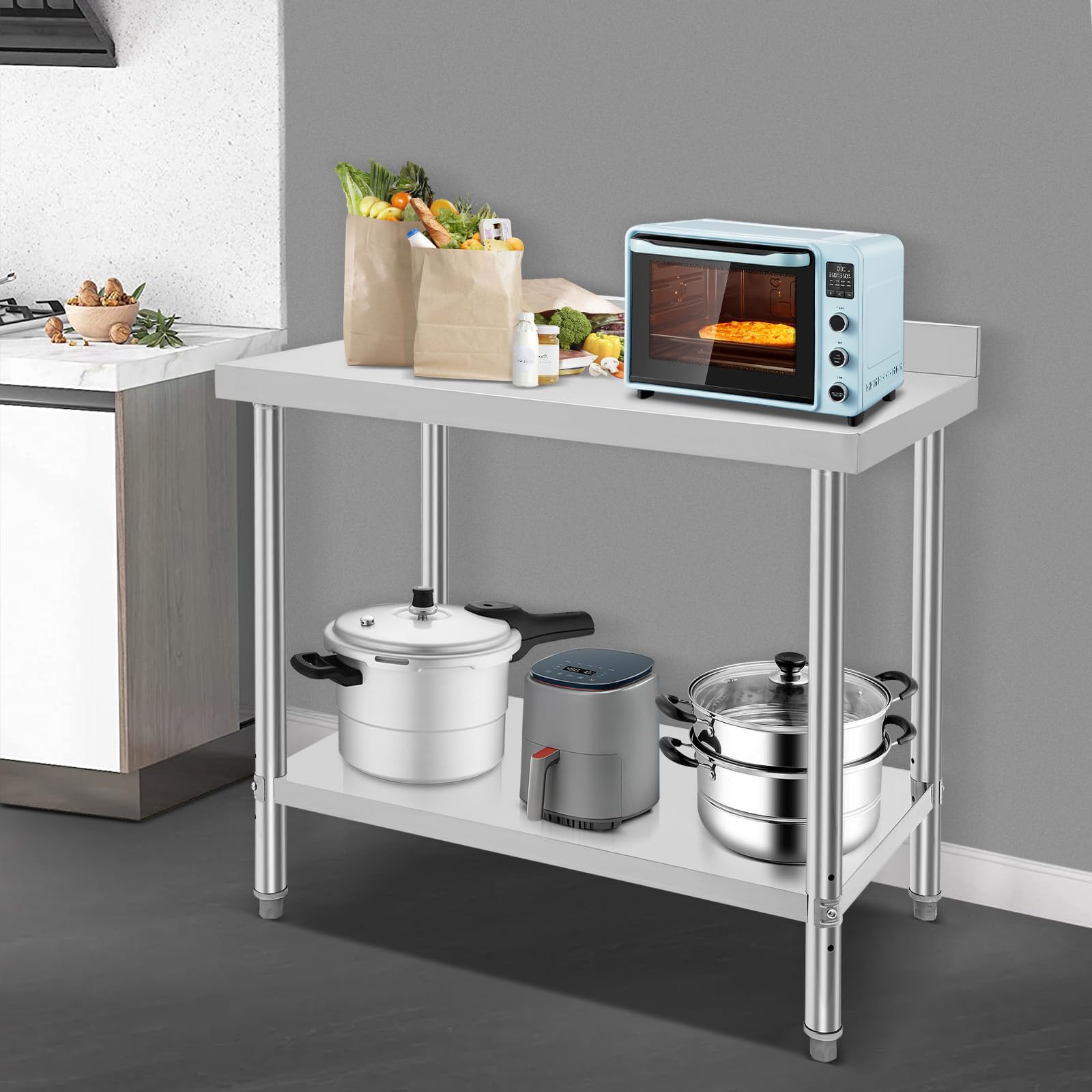 Tavolo da lavoro in acciaio inox a 2 ripiani, robusto con scomparto regolabile, portata 500 kg, per cucina, ristorante, bar e magazzino