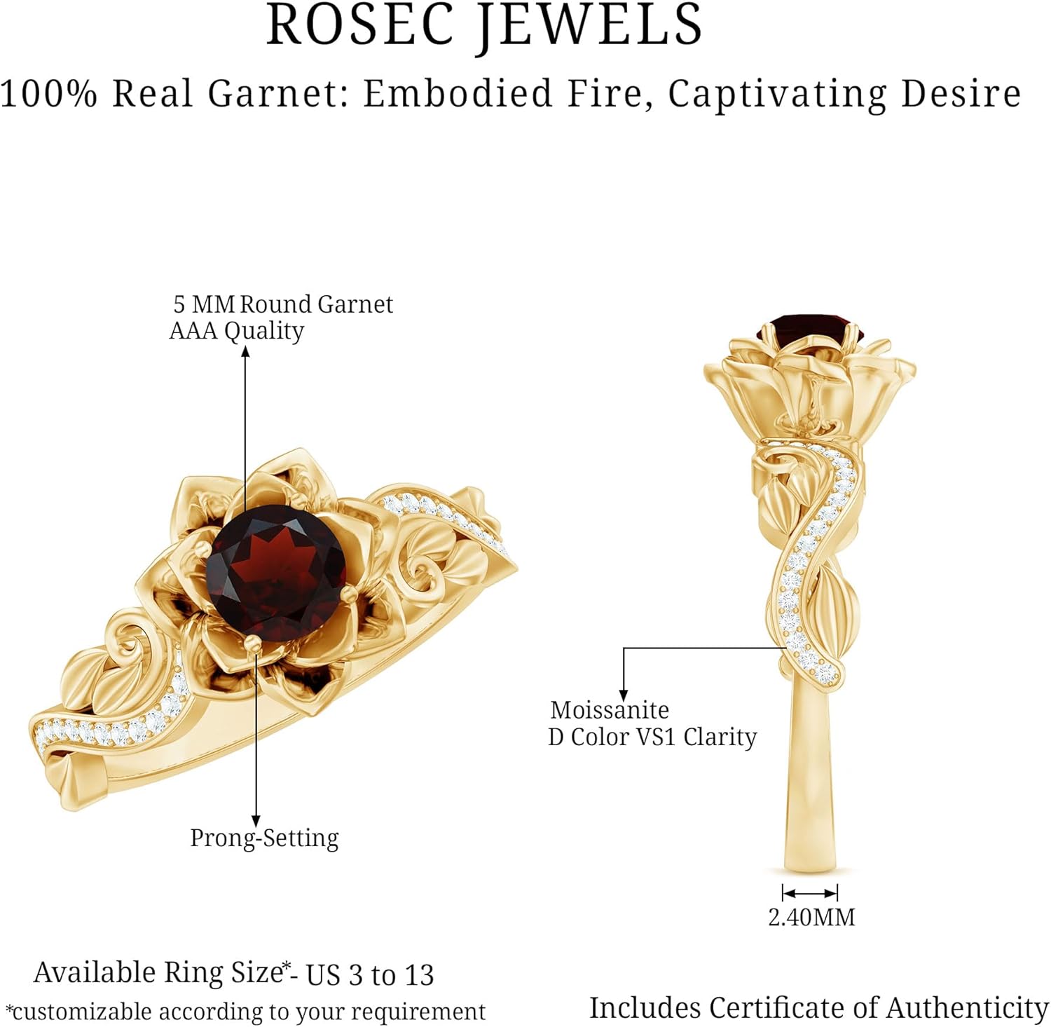 Genuine Garnet Rose Flower Engagement Ring in Yellow Gold Plated Silver, Aaa Quality - Unique Gift For Women - Image 10