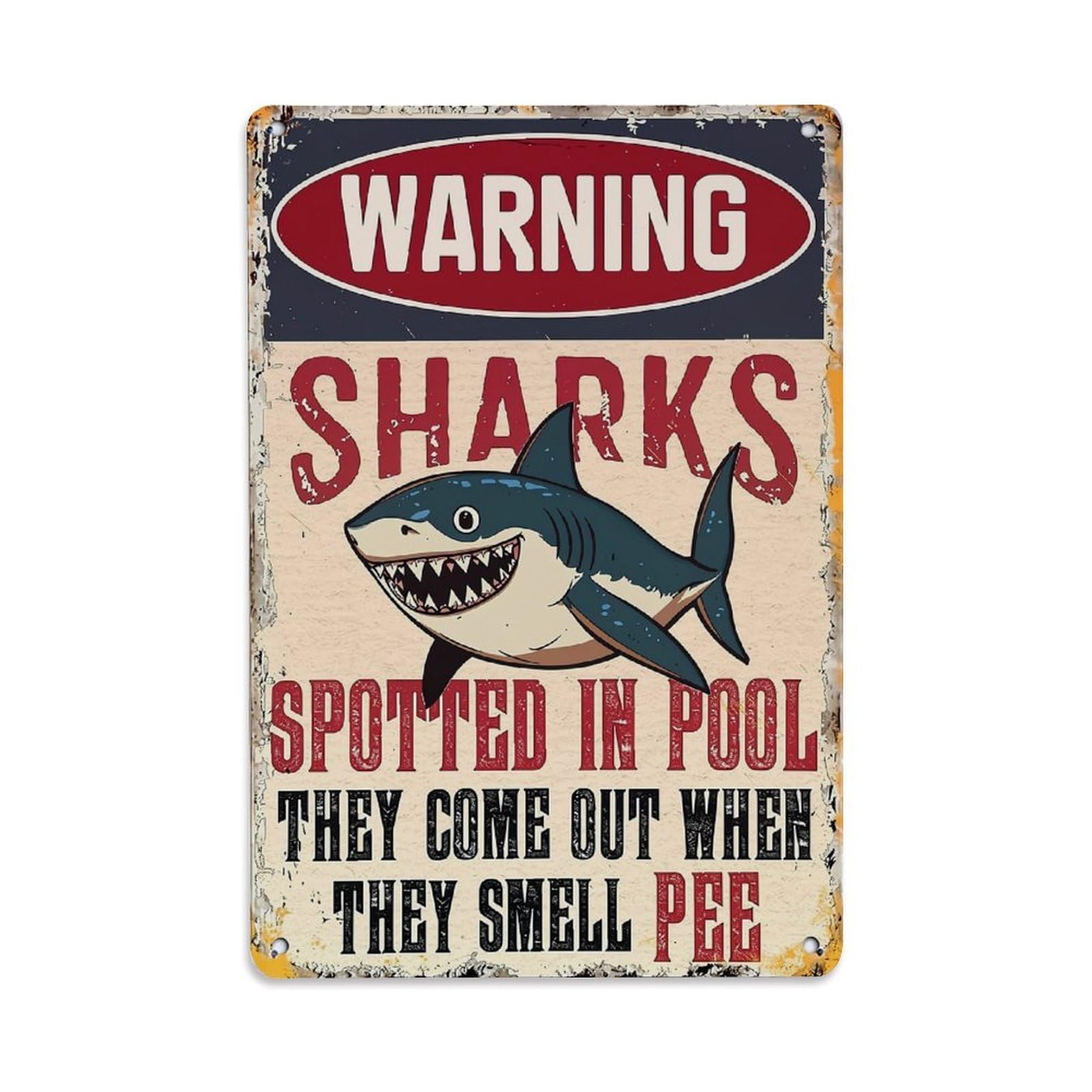 Warning Sharks Spotted In Pool Retro Metal Tin Sign, Vintage Decor Art Poster for Bar, Home, Man Cave, Kitchen, Laundry Room Gift 8x12Inch