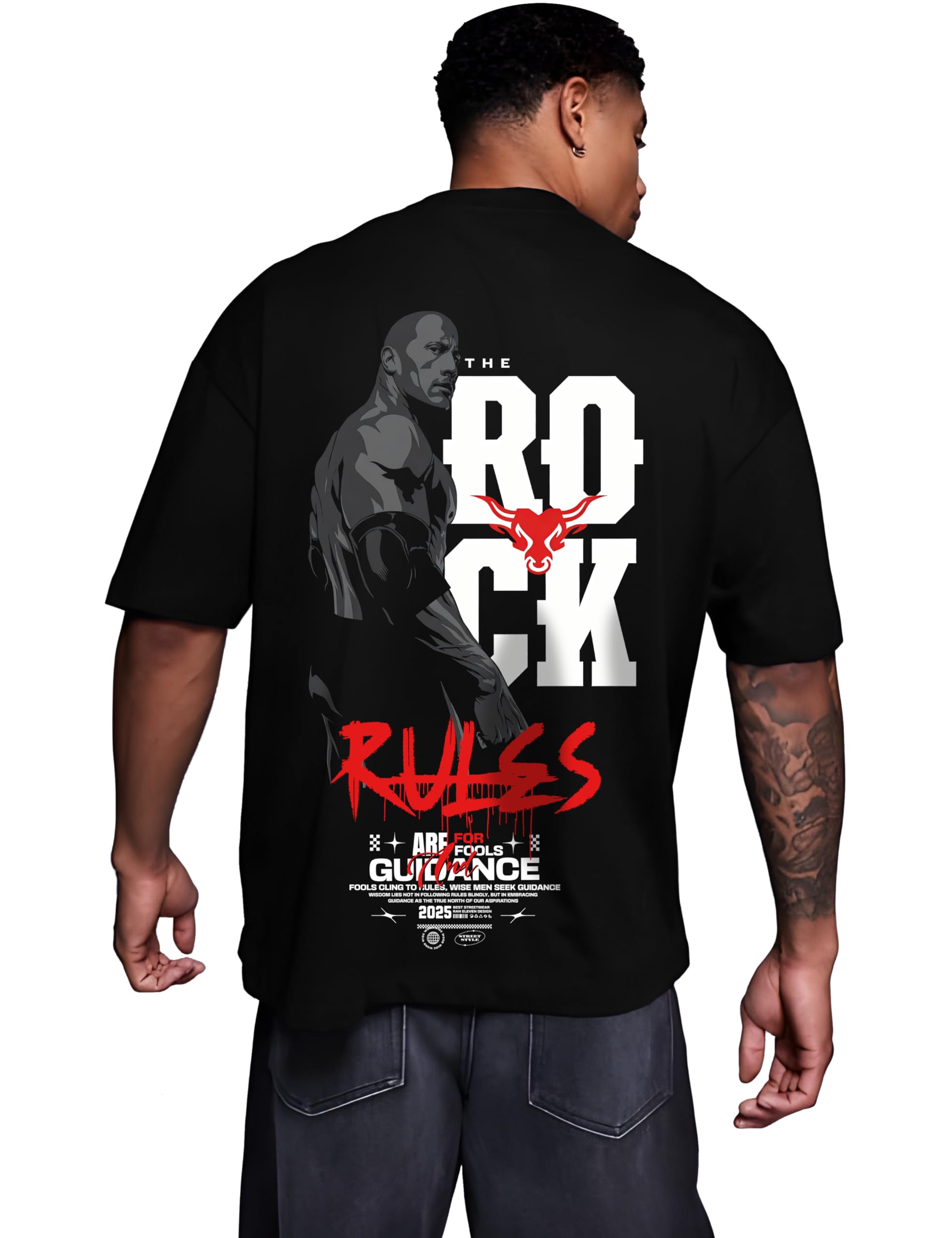 Ran Eleven “The Rock Rules” Oversized T-Shirt | Front Bull Logo & Back Graphic | Streetwear Gym Tee | 100% Cotton