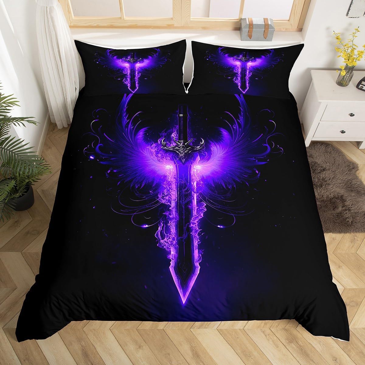 LYJKLST Lightsaber Bedding Dueling Light Saber Duvet Covers Blue Bed Set Purple Quilt Cover Set With Pillowcase for Kid Teens Boys and girls Man Duvet Set Double