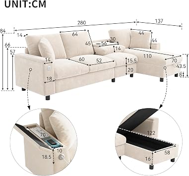 Chenille Fabric Sofa L Shaped Corner and Two Armrests with Storage SpaceFold-Out Coffee Table with Two Cup Holders (Beige)