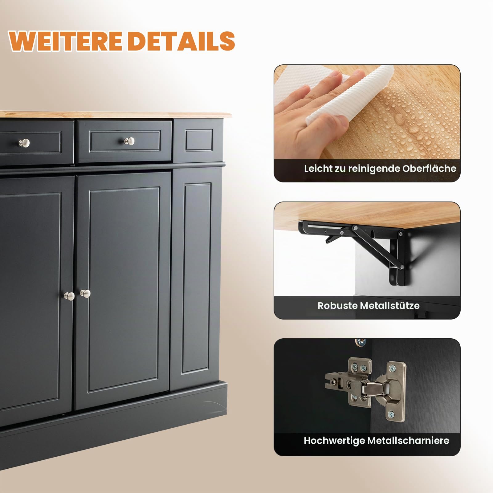 KOMFOTTEU Kücheninsel mit Ausziehbarer Arbeitsplatte, Küchenschrank Holz mit Schubladen Seitenregalen & 2 Türschranke, Küche Anrichte mit verstellbaren Böden für Essimmer Küche 120x61x92 cm(Schwarz)