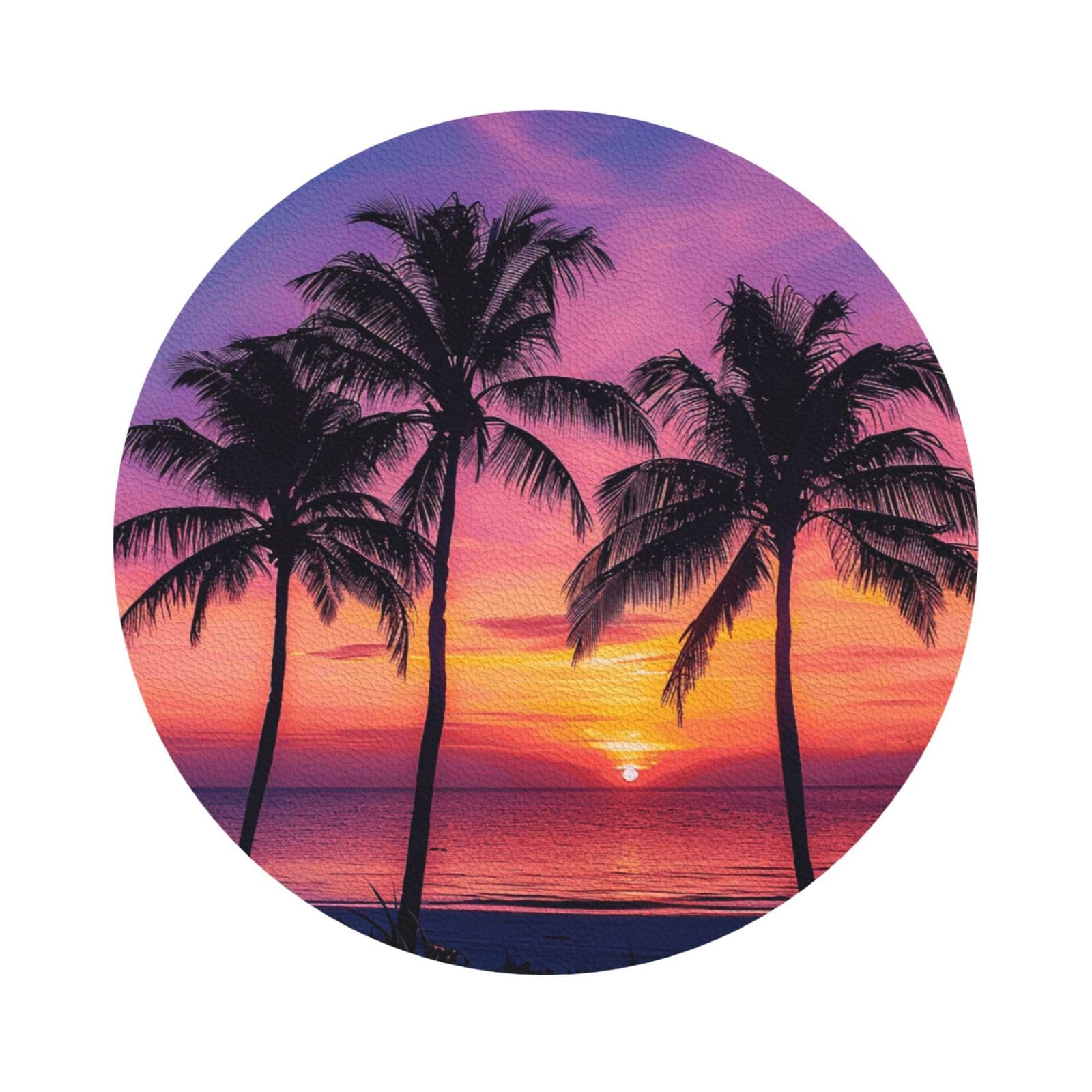 Palm Trees Silhouette at Sunset Print Leather Coaster Set of 6, Round Shape Coasters Table Decorative Coffee Cup Beverage Coasters Wine Beer Bar Coasters for Hot Drinks Table Protection