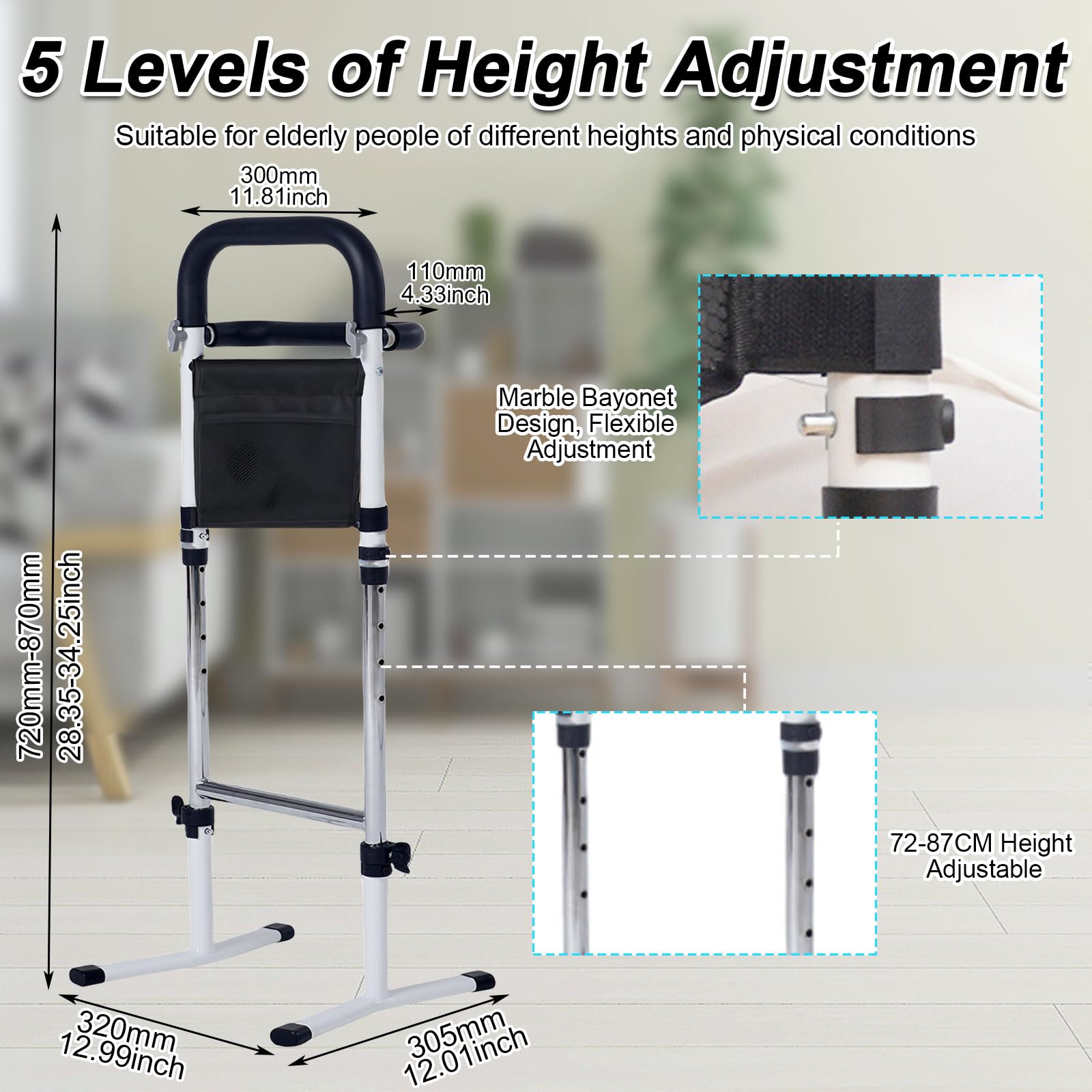 Aide pour Se Lever du Lit avec Pieds Antidérapants,Aide à la Station Debout pour Personne âgée,Salle de Bain,Toilettes 75-91 cm Réglable,Charge Max 136 KG