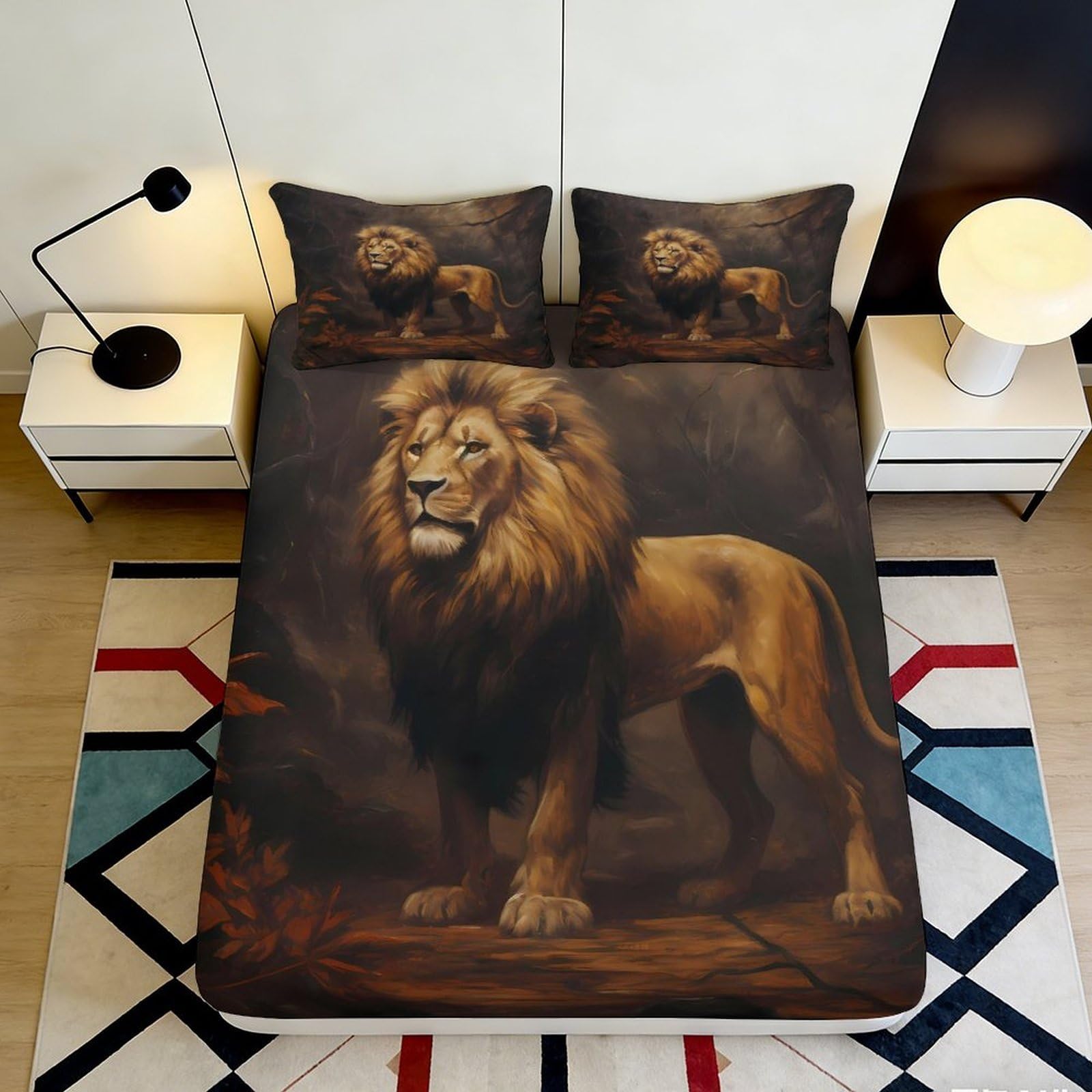 3D Printed Majestic Lion Fitted Sheet Microfiber Soft Breathable King Animal Bed Cover for Bedroom Dorm Décor 90x200x25cm