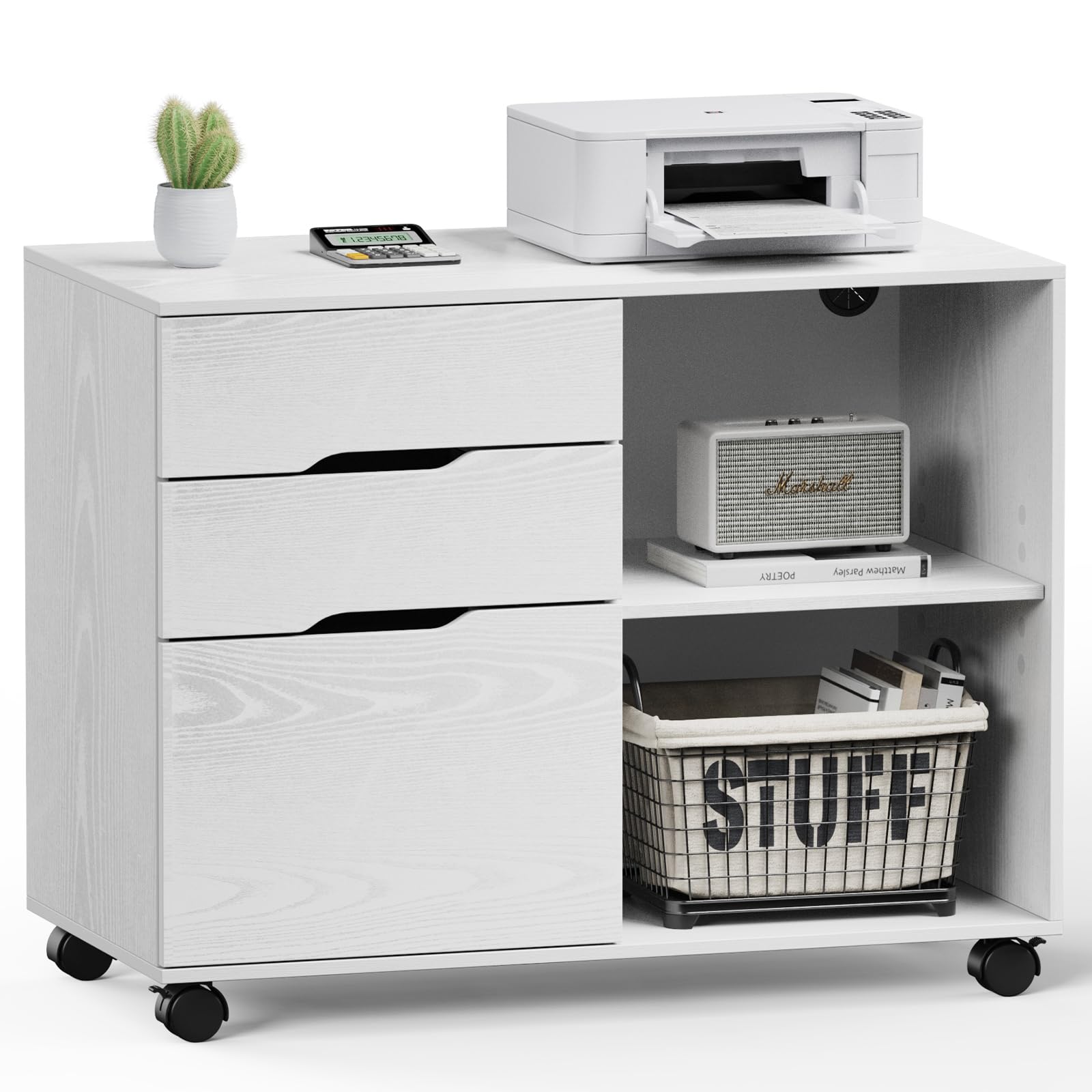 Sweetcrispy Rolling Container with 3 Drawers, Filing Cabinet and Printer Cabinet with Wheels, Open Shelf, Height-Adjustable Shelf, Hanging File A4/Letter/Legal, 80 x 40 x 62 cm, White, for Office Home
