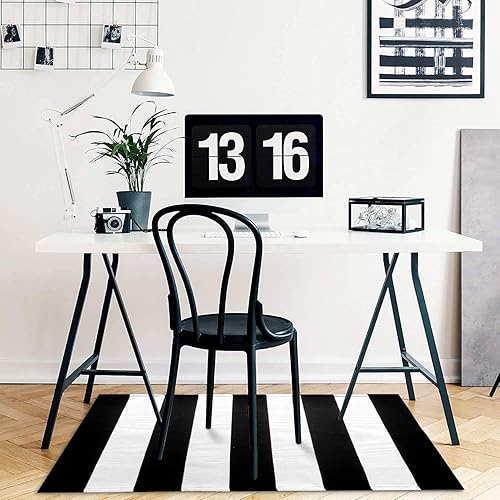 Miniatura 7 de KOZYFLY Tapete a rayas blancas y negras de 2 x 6 pies, tejido de algodón, lavable, color negro, para interiores y exteriores, juego para tapetes de