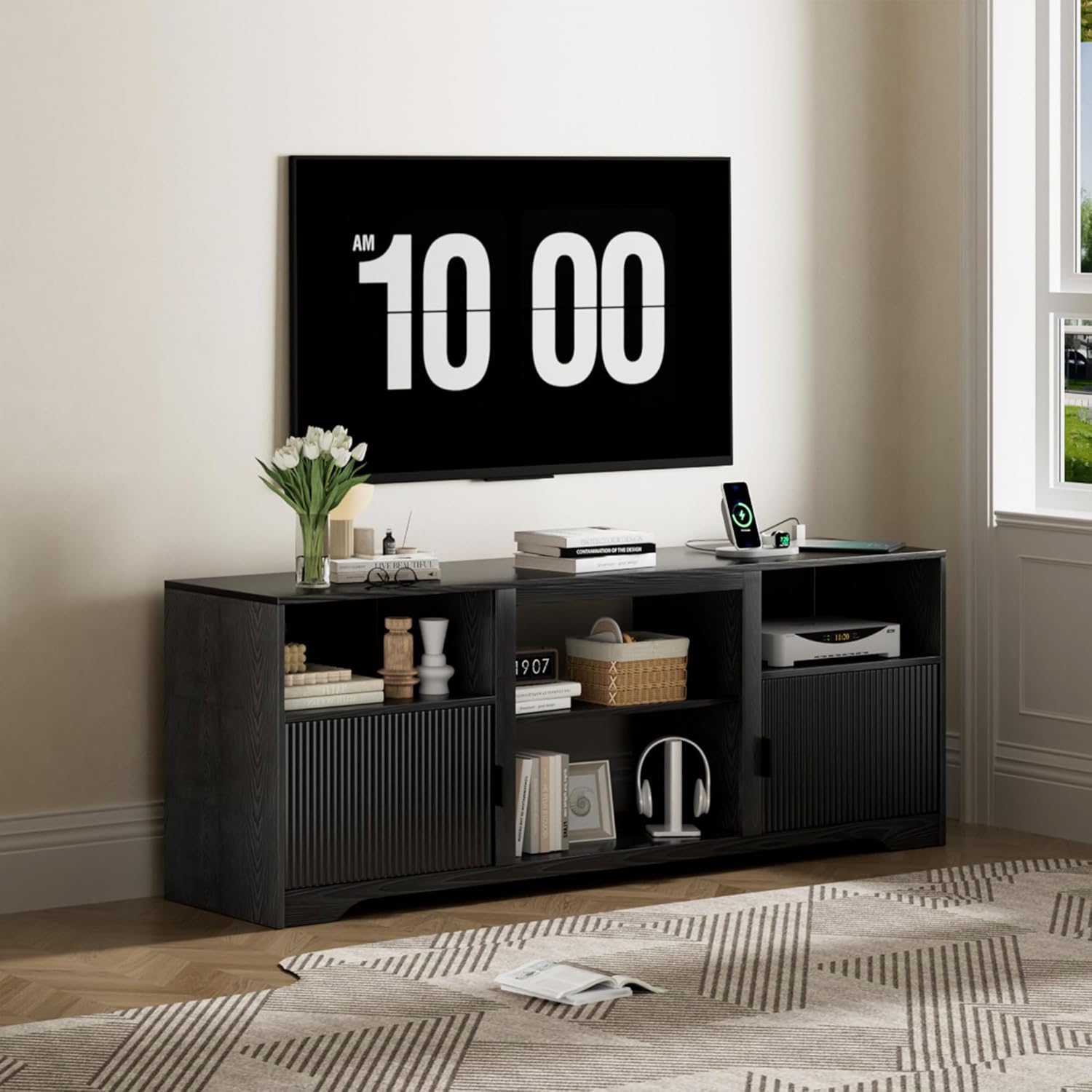 Fluted black wood TV stand for TVs up to 80 inches
